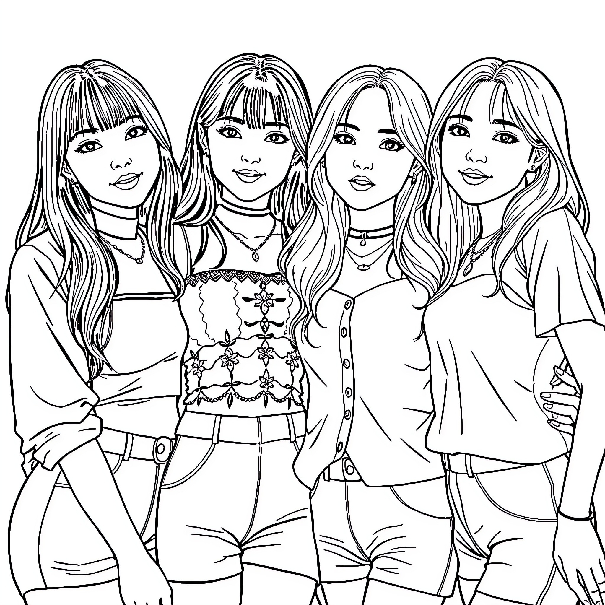 Blackpink members posing together Coloring Page (free black-and-white line drawing printable PDF for all, from beginners to advanced learners, including children, teens, adults, and seniors)