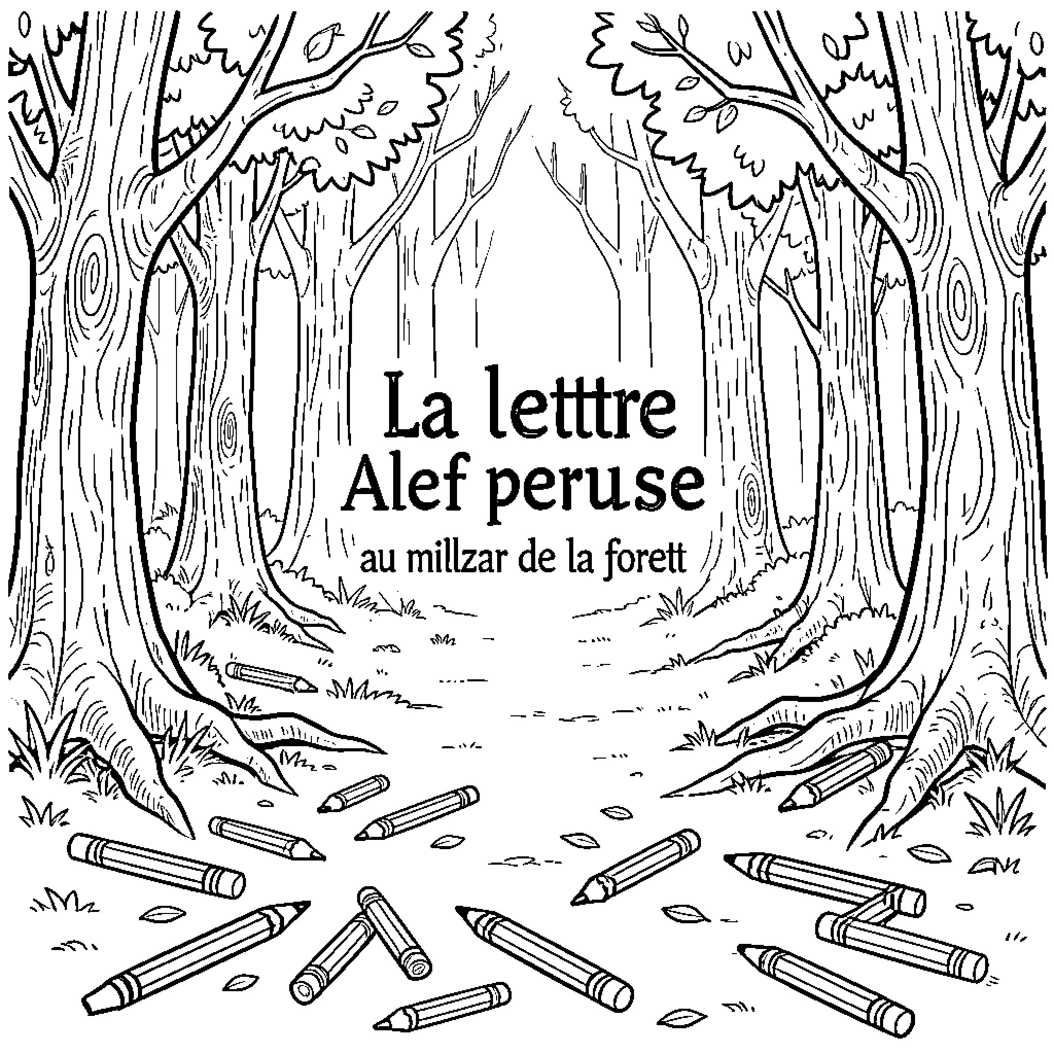 Lettre Alef scattered pencils among forest trees Coloring Page (free black-and-white line drawing printable PDF for all, from beginners to advanced learners, including children, teens, adults, and seniors)