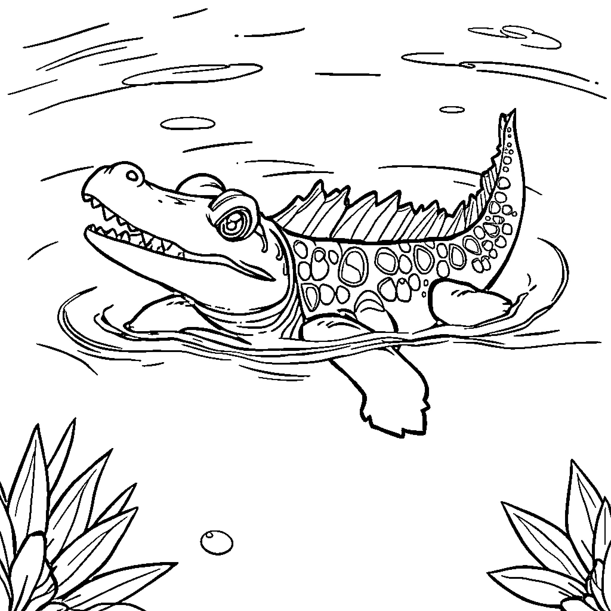 Crocodile swimming in the waters Coloring Page (free black-and-white line drawing printable PDF for all, from beginners to advanced learners, including children, teens, adults, and seniors)