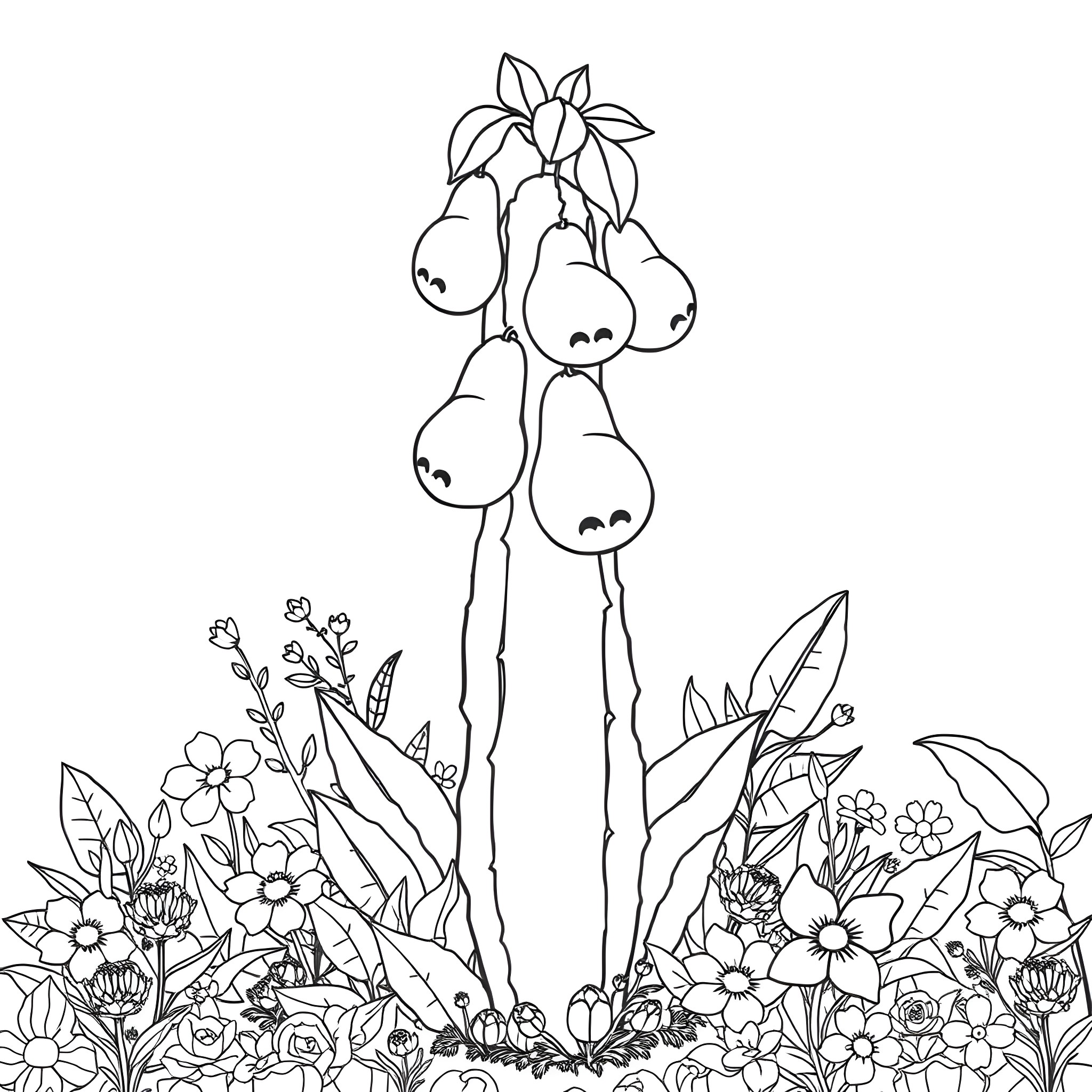 Cactus plant with adorable flower buds in a lush garden Coloring Page (free black-and-white line drawing printable PDF for all, from beginners to advanced learners, including children, teens, adults, and seniors)