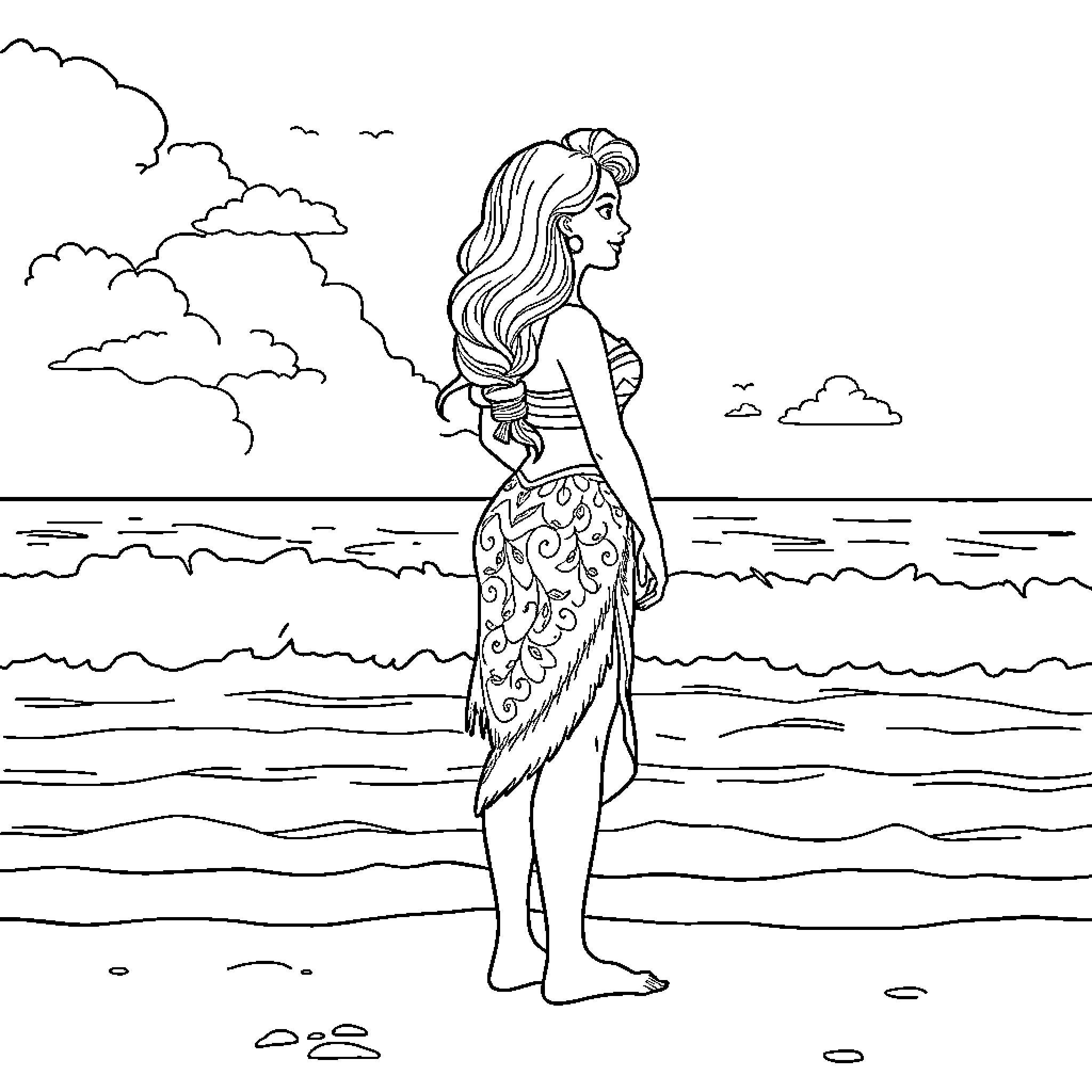 Vaiana admiring the ocean scenery Coloring Page (free black-and-white line drawing printable PDF for all, from beginners to advanced learners, including children, teens, adults, and seniors)