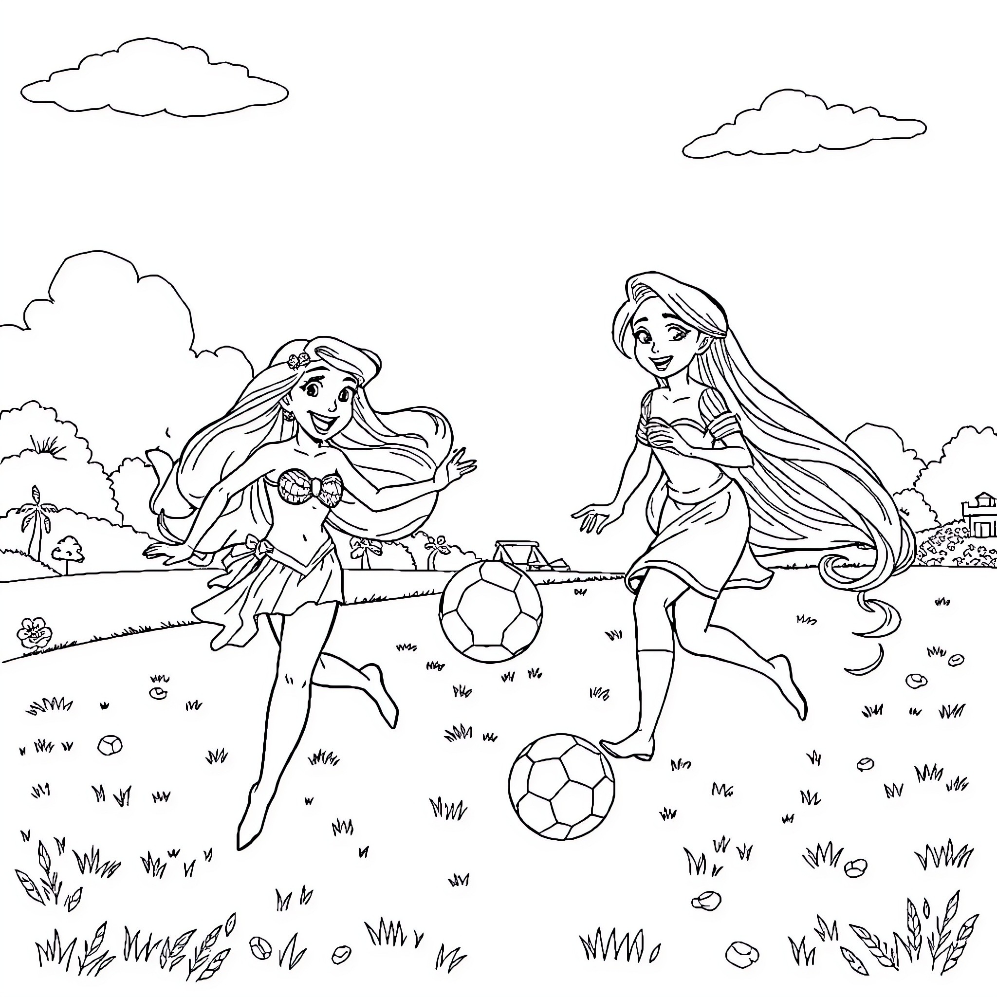 Ariel and Rapunzel playing soccer in the park Coloring Page (free black-and-white line drawing printable PDF for all, from beginners to advanced learners, including children, teens, adults, and seniors)