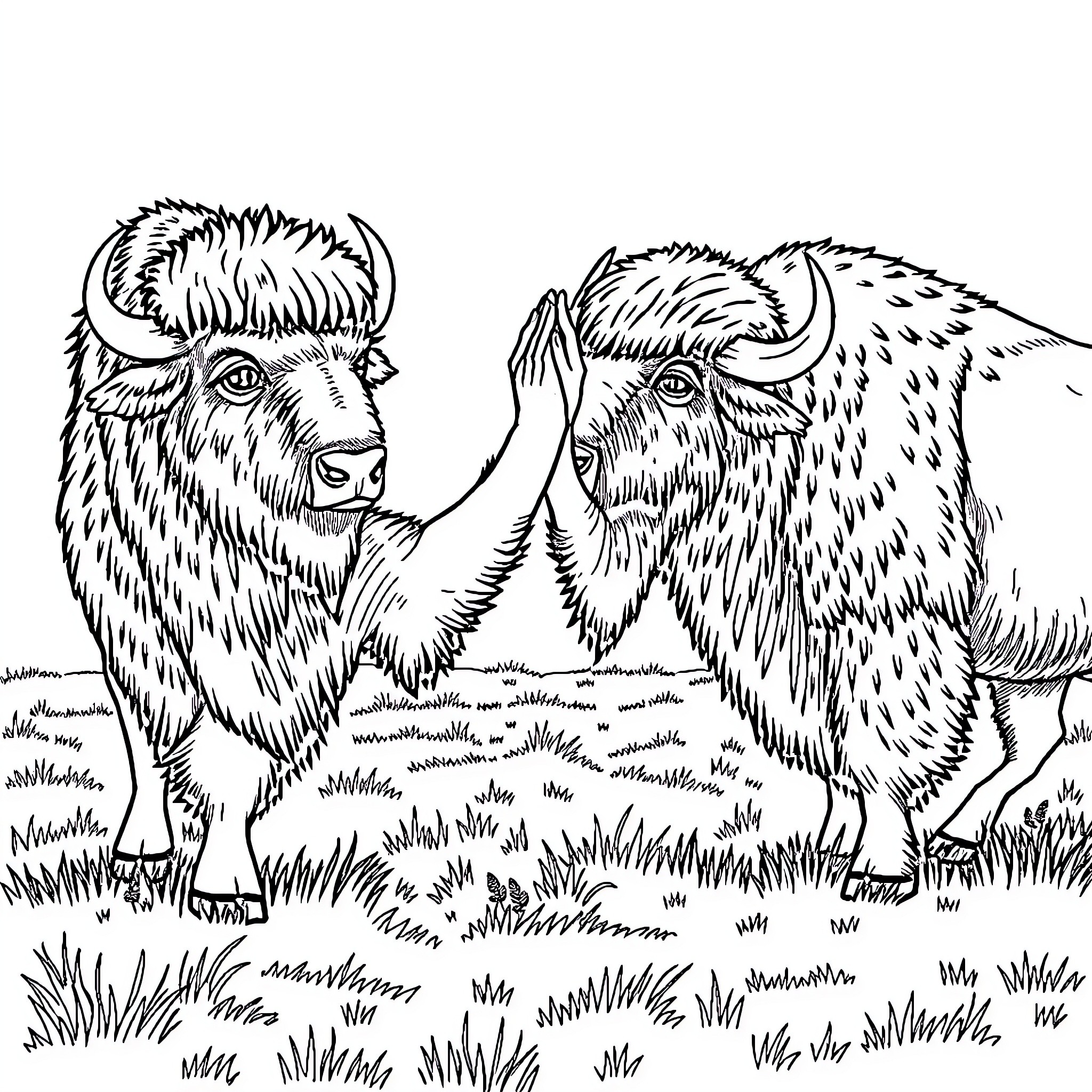 Bison grazing peacefully in the field Coloring Page (free black-and-white line drawing printable PDF for all, from beginners to advanced learners, including children, teens, adults, and seniors)
