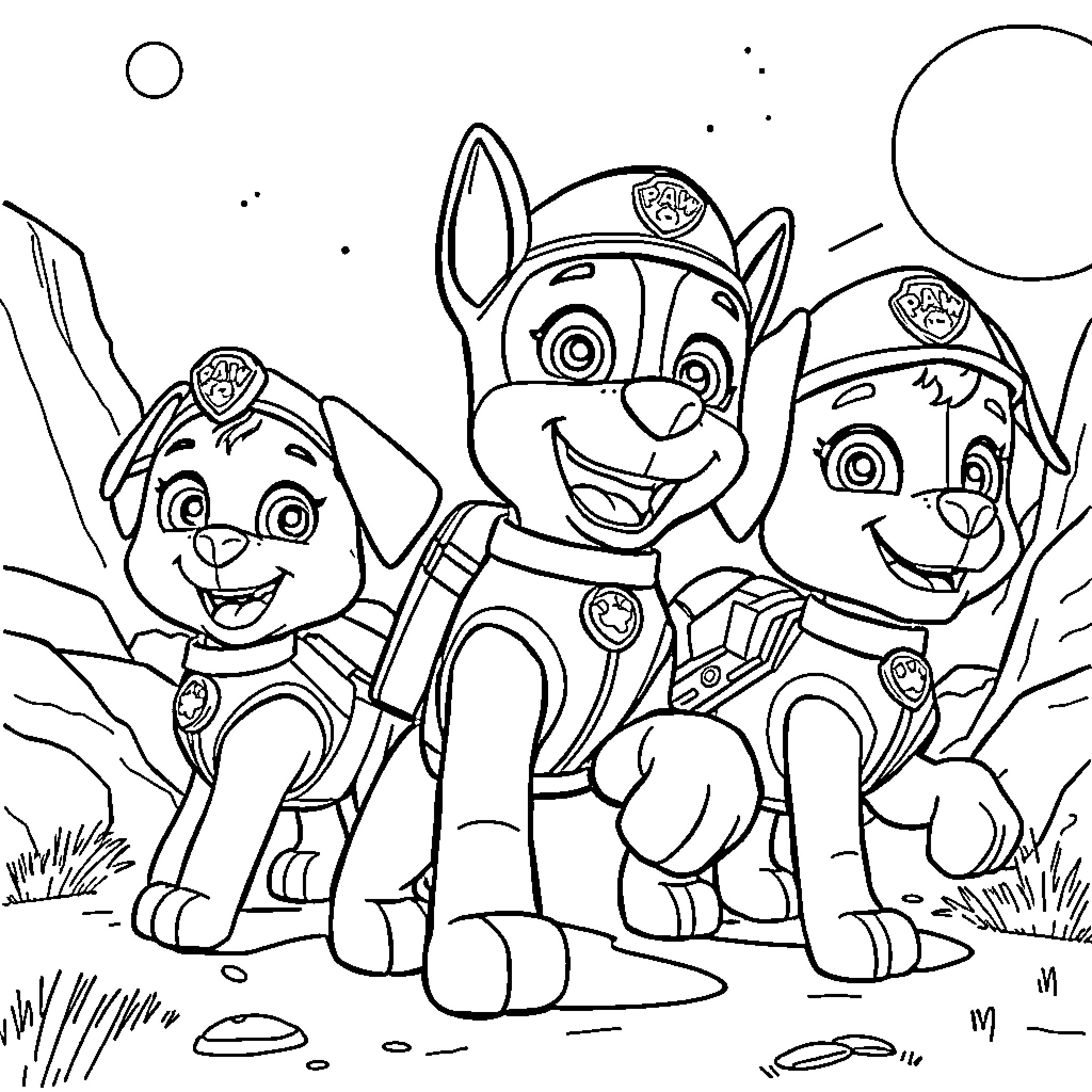 Paw Patrol heroes on an adventure Coloring Page (free black-and-white line drawing printable PDF for all, from beginners to advanced learners, including children, teens, adults, and seniors)