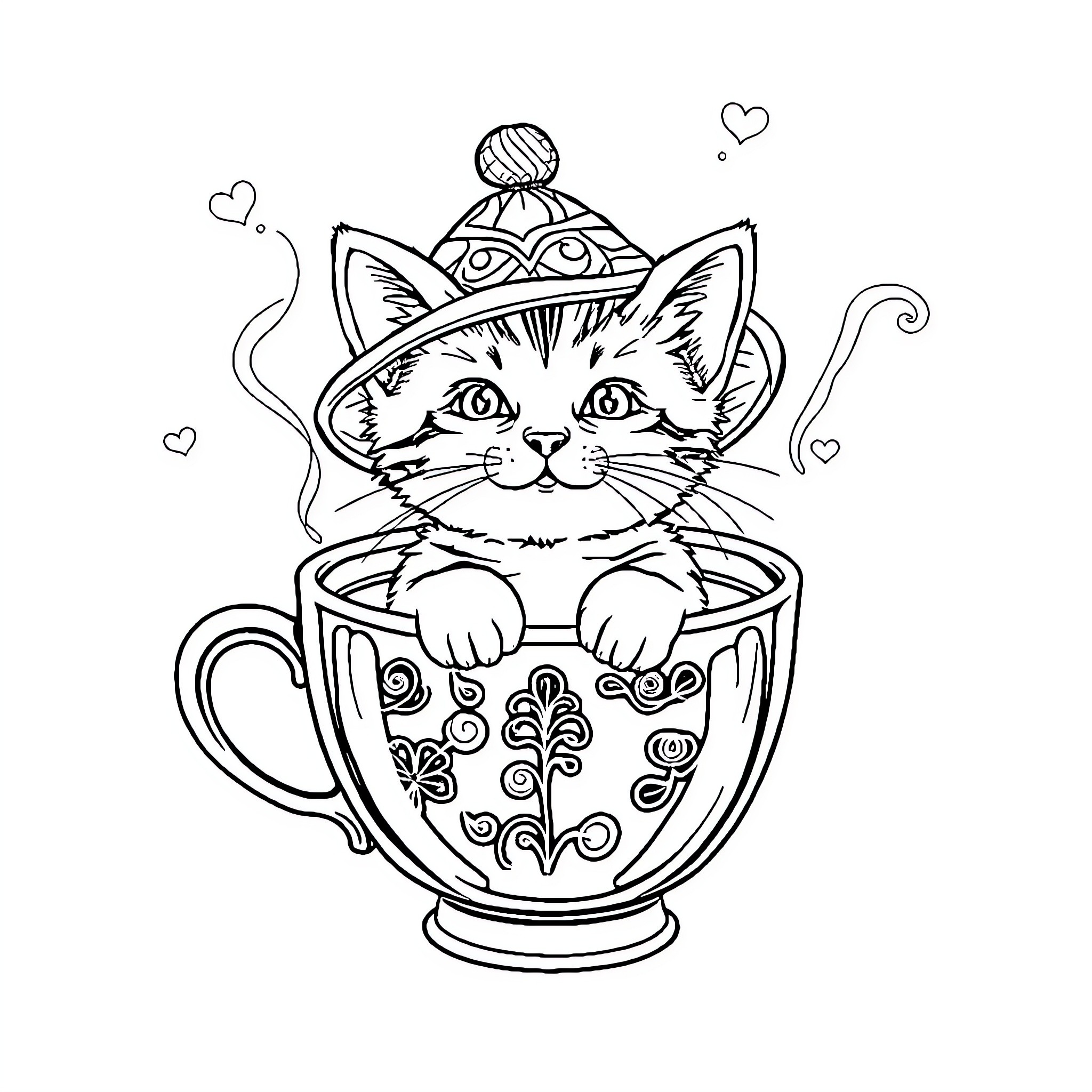 Cat peeking out from patterned teacup Coloring Page (free black-and-white line drawing printable PDF for all, from beginners to advanced learners, including children, teens, adults, and seniors)