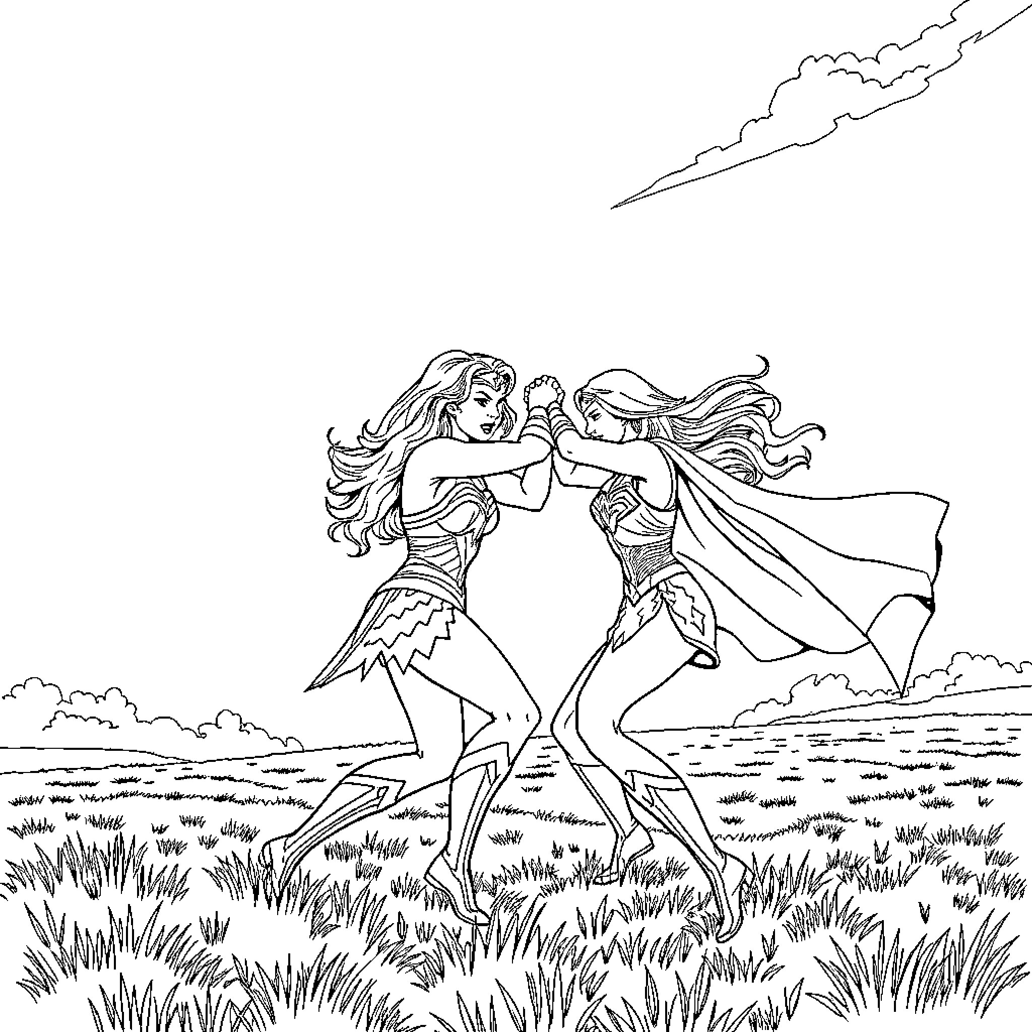 Wonder Woman heroines fighting in a grassy field Coloring Page (free black-and-white line drawing printable PDF for all, from beginners to advanced learners, including children, teens, adults, and seniors)