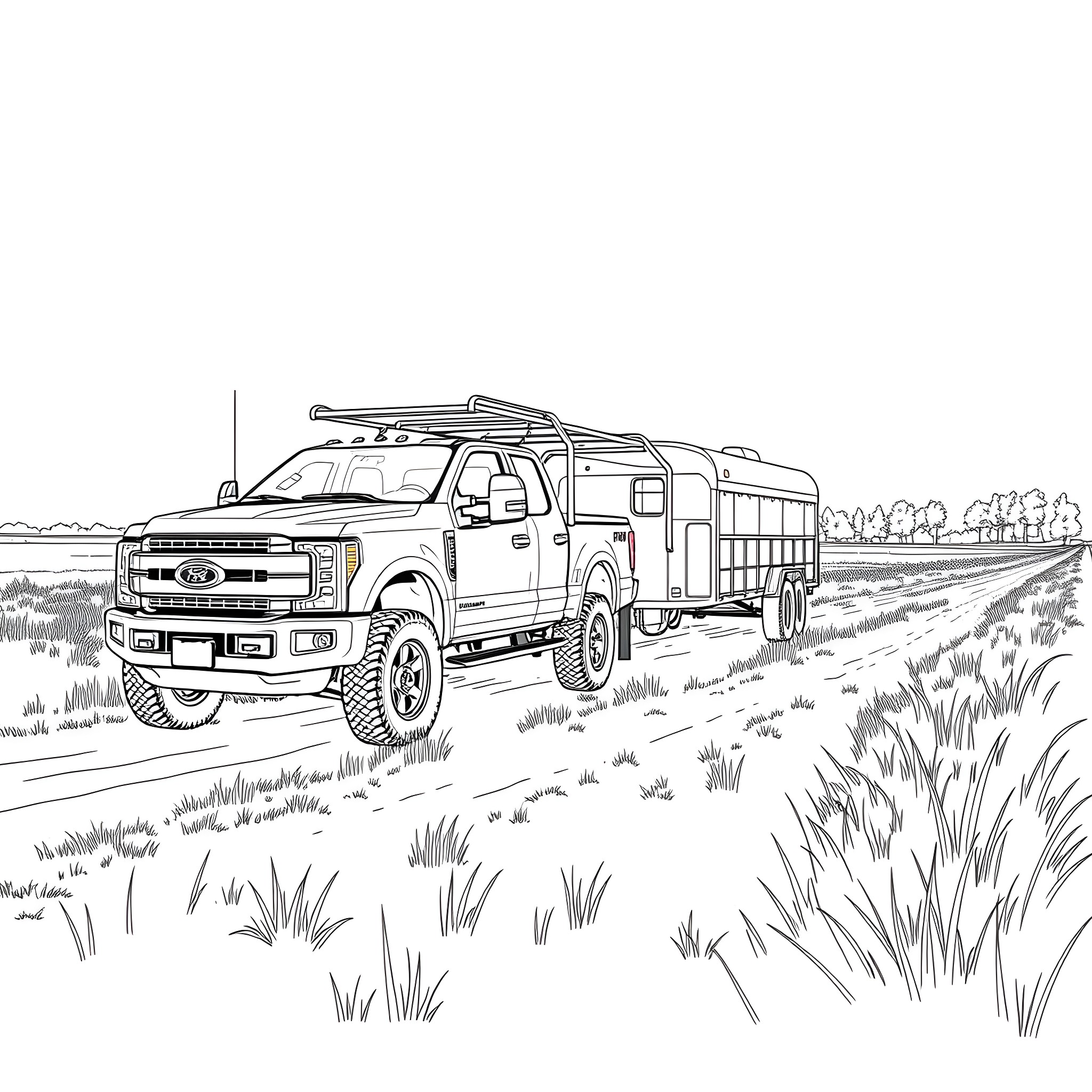Truck hauling trailer on rural road Coloring Page (free black-and-white line drawing printable PDF for all, from beginners to advanced learners, including children, teens, adults, and seniors)
