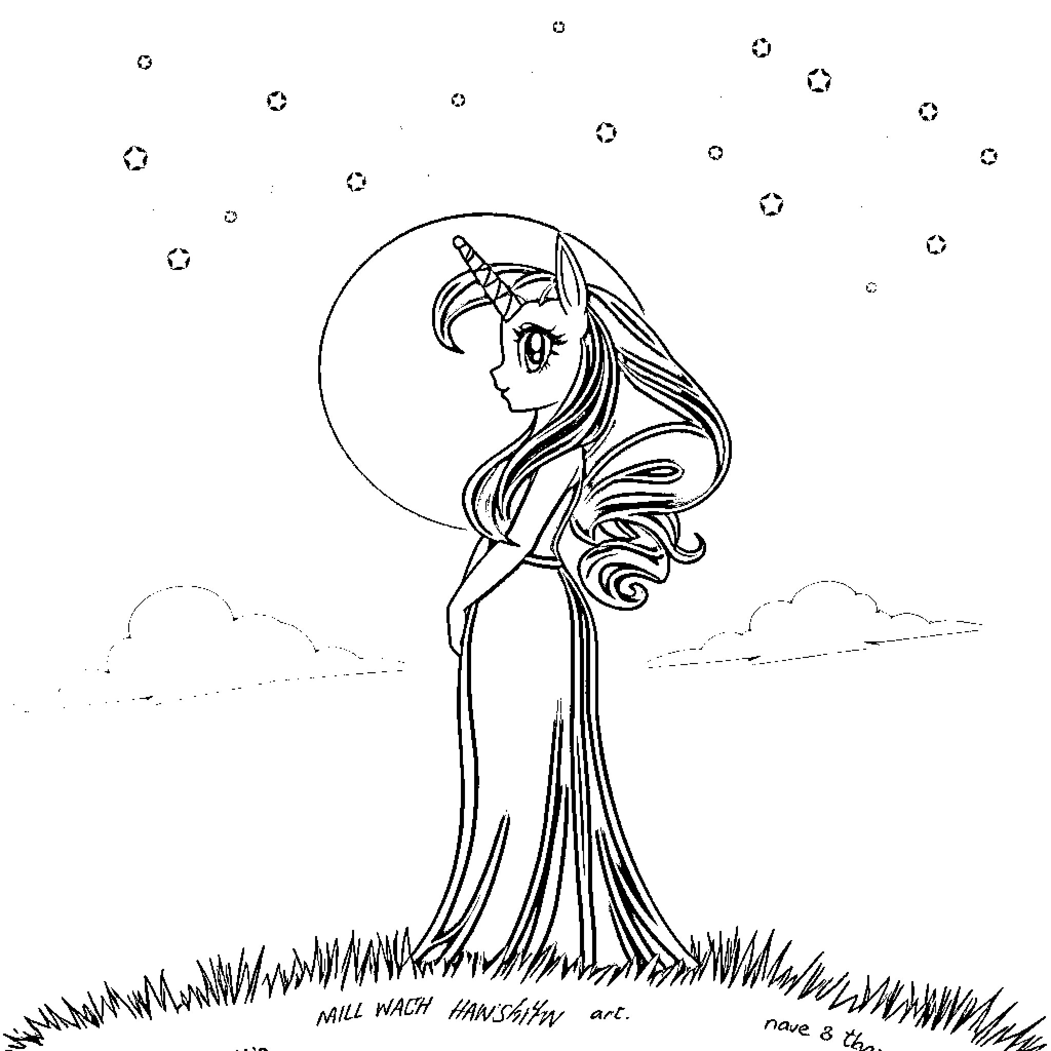 Princess in Elegant Dress Under Starry Sky Coloring Page (free black-and-white line drawing printable PDF for all, from beginners to advanced learners, including children, teens, adults, and seniors)