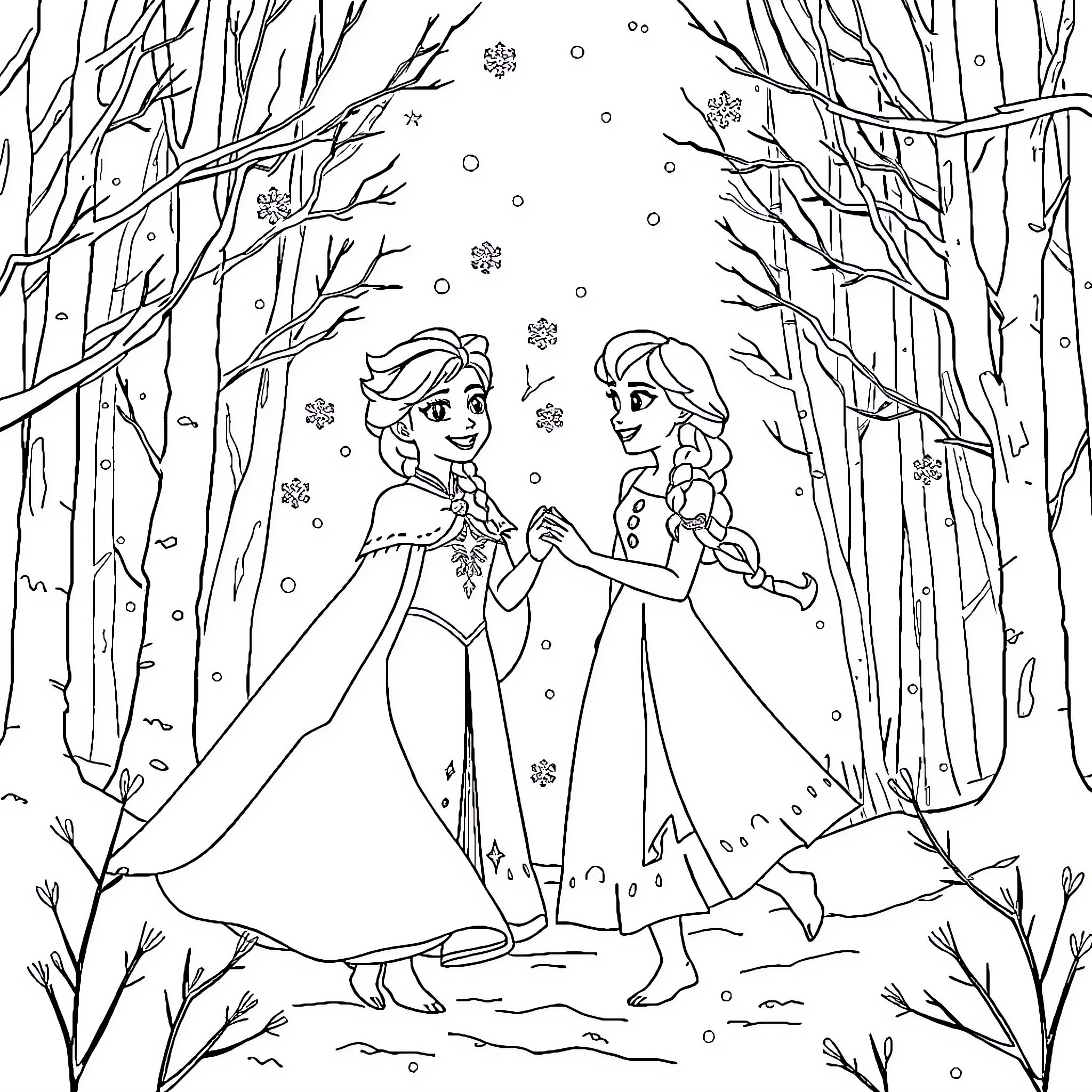 Elsa and Anna enjoying a snowy winter stroll Coloring Page (free black-and-white line drawing printable PDF for all, from beginners to advanced learners, including children, teens, adults, and seniors)