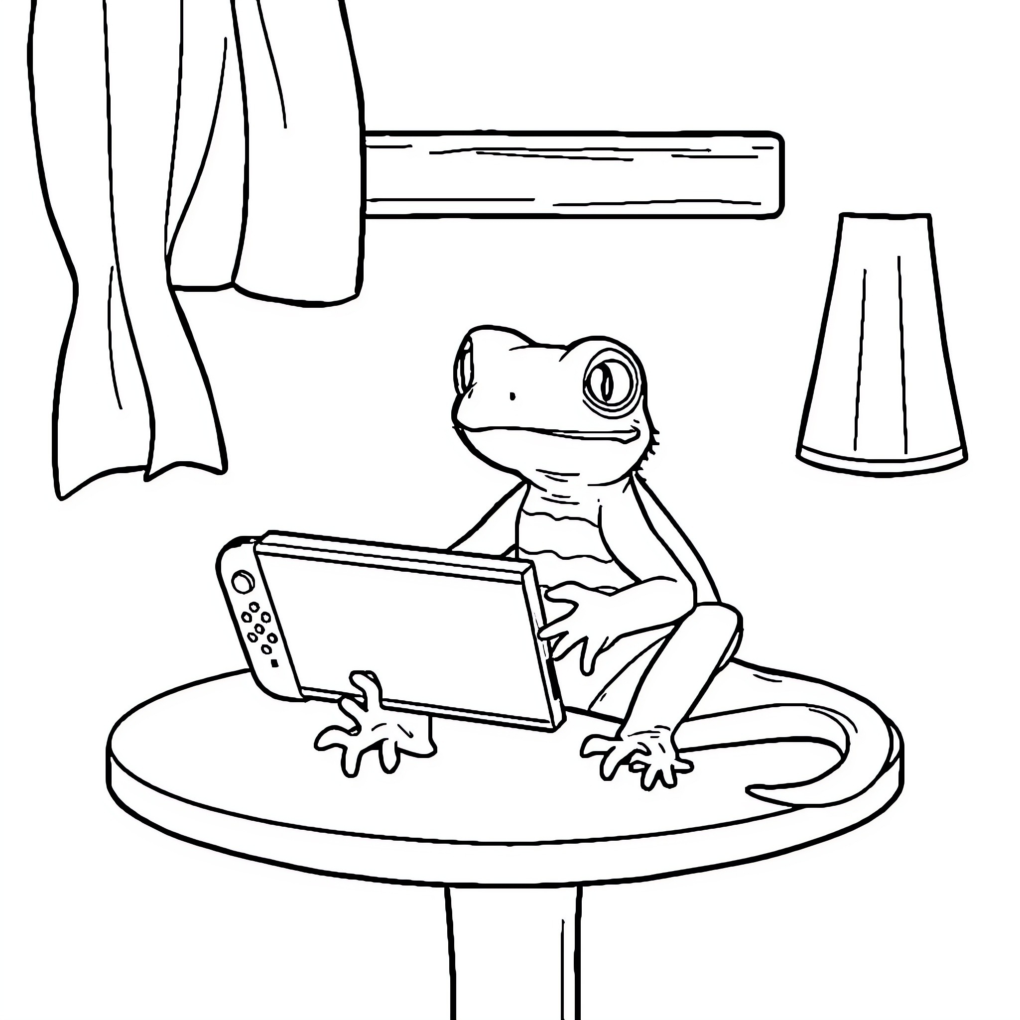 Gecko playing video game on table Coloring Page (free black-and-white line drawing printable PDF for all, from beginners to advanced learners, including children, teens, adults, and seniors)