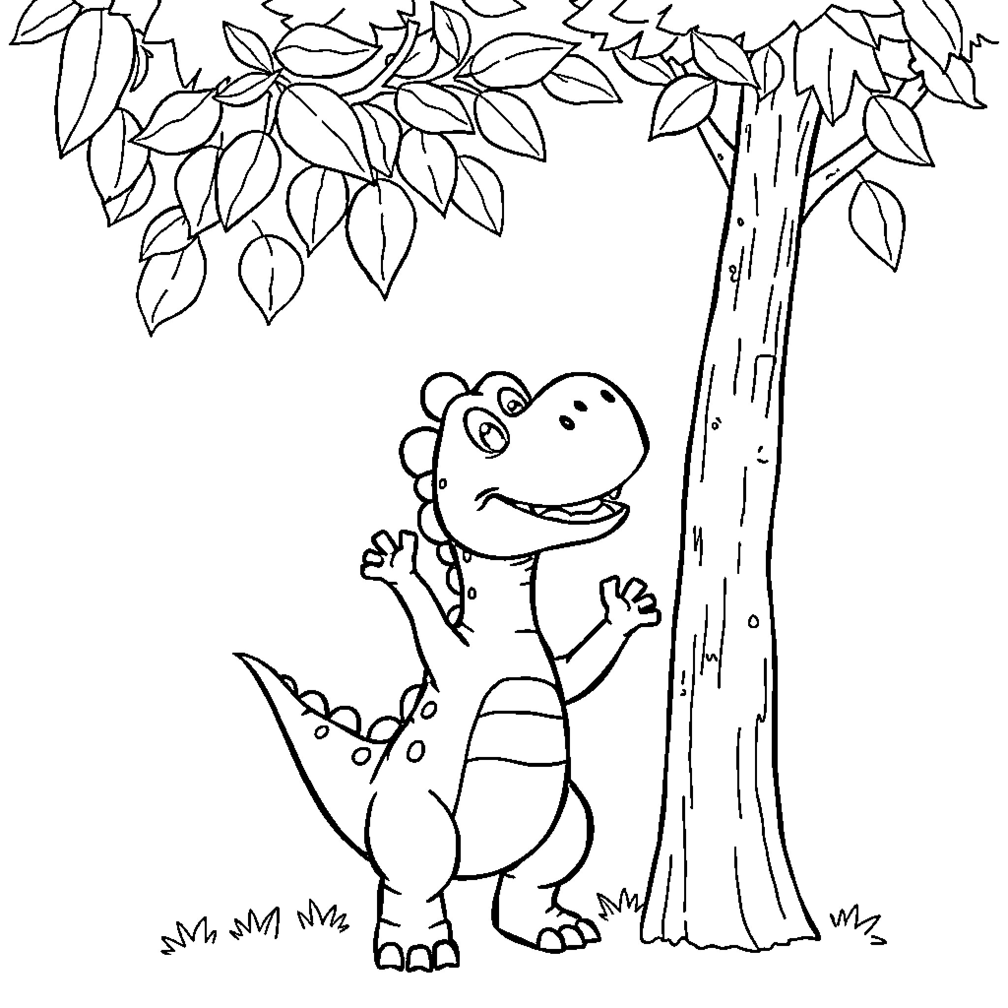 Dinosaur playing cheerfully in the forest Coloring Page (free black-and-white line drawing printable PDF for all, from beginners to advanced learners, including children, teens, adults, and seniors)