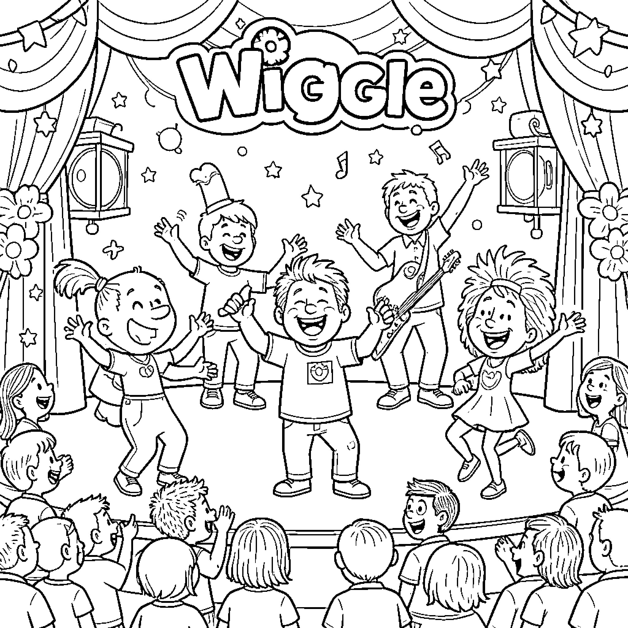 Wiggles Performing on Stage with Audience Coloring Page (free black-and-white line drawing printable PDF for all, from beginners to advanced learners, including children, teens, adults, and seniors)