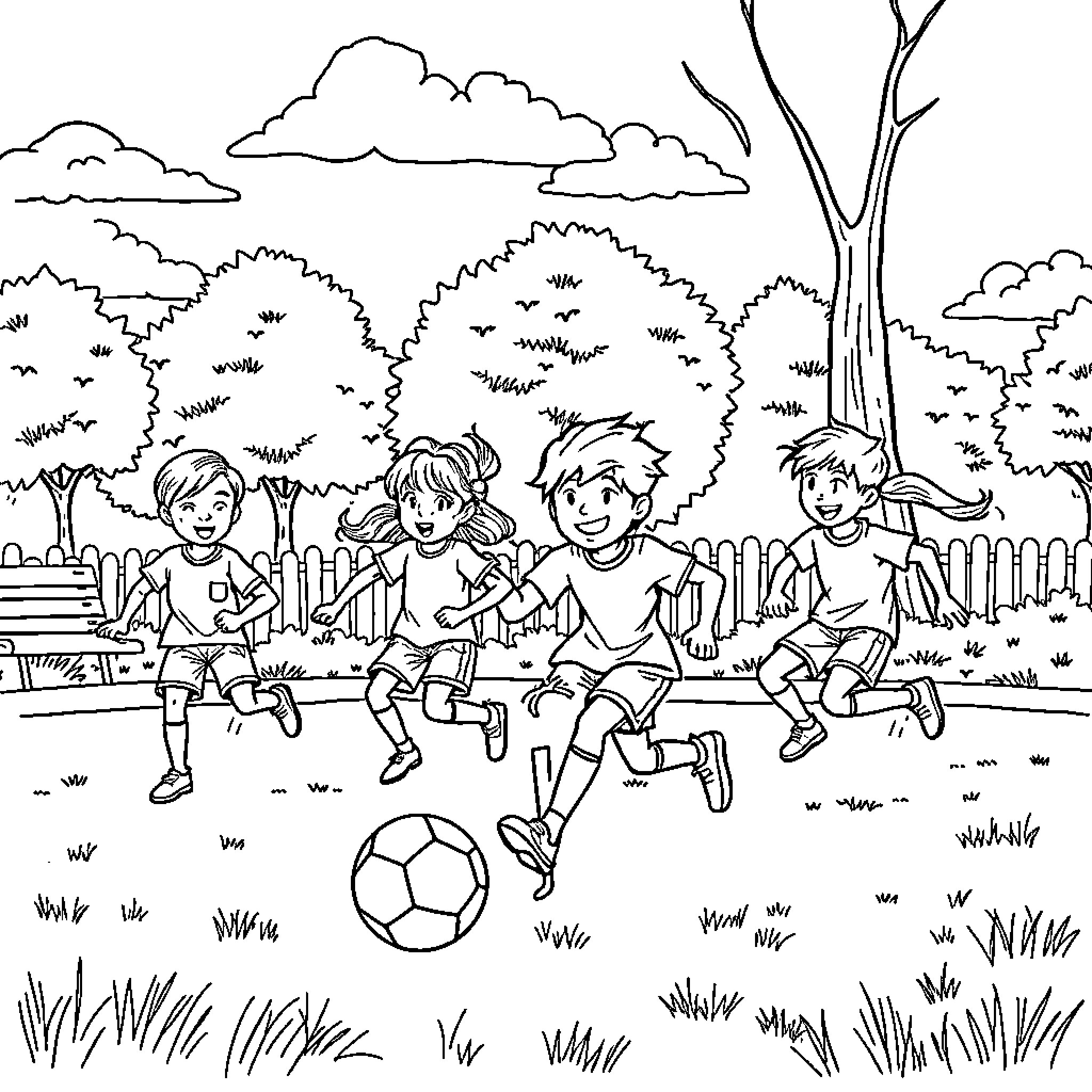 Kid playing soccer with friends in the park Coloring Page (free black-and-white line drawing printable PDF for all, from beginners to advanced learners, including children, teens, adults, and seniors)