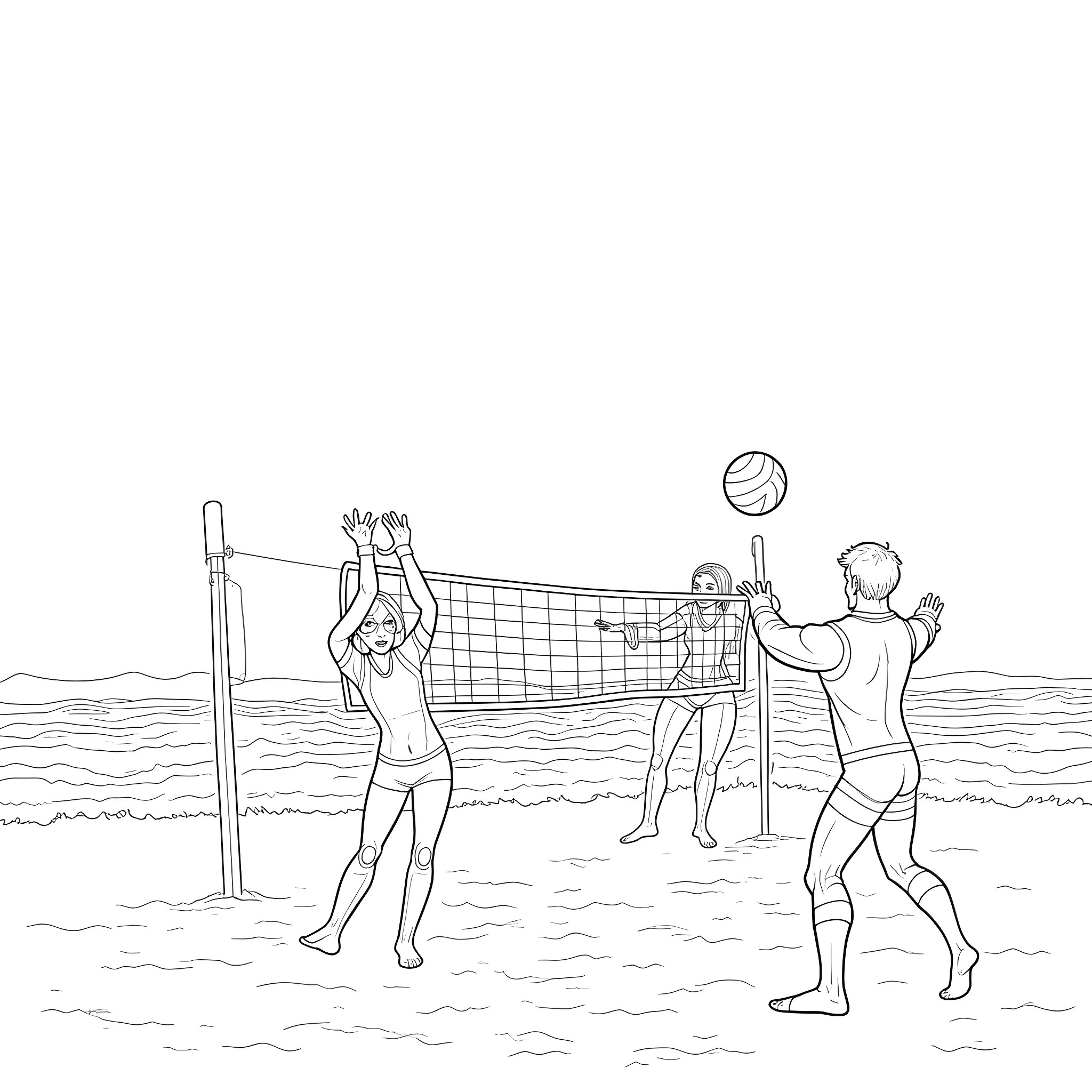 X-Men playing beach volleyball in action Coloring Page (free black-and-white line drawing printable PDF for all, from beginners to advanced learners, including children, teens, adults, and seniors)