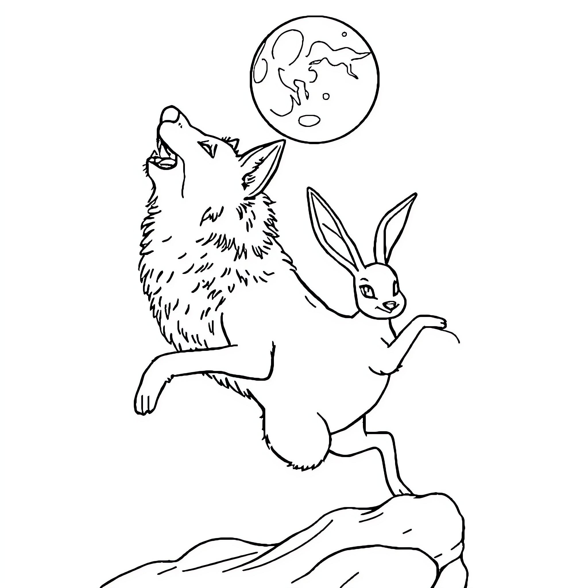 Loup and Rabbit playing under the moonlight Coloring Page (free black-and-white line drawing printable PDF for all, from beginners to advanced learners, including children, teens, adults, and seniors)