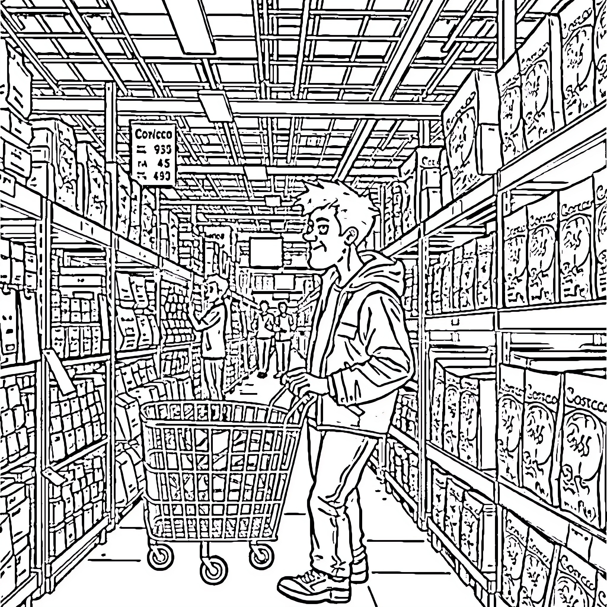Danny's Shopping Spree in the Busy Store Coloring Page (free black-and-white line drawing printable PDF for all, from beginners to advanced learners, including children, teens, adults, and seniors)