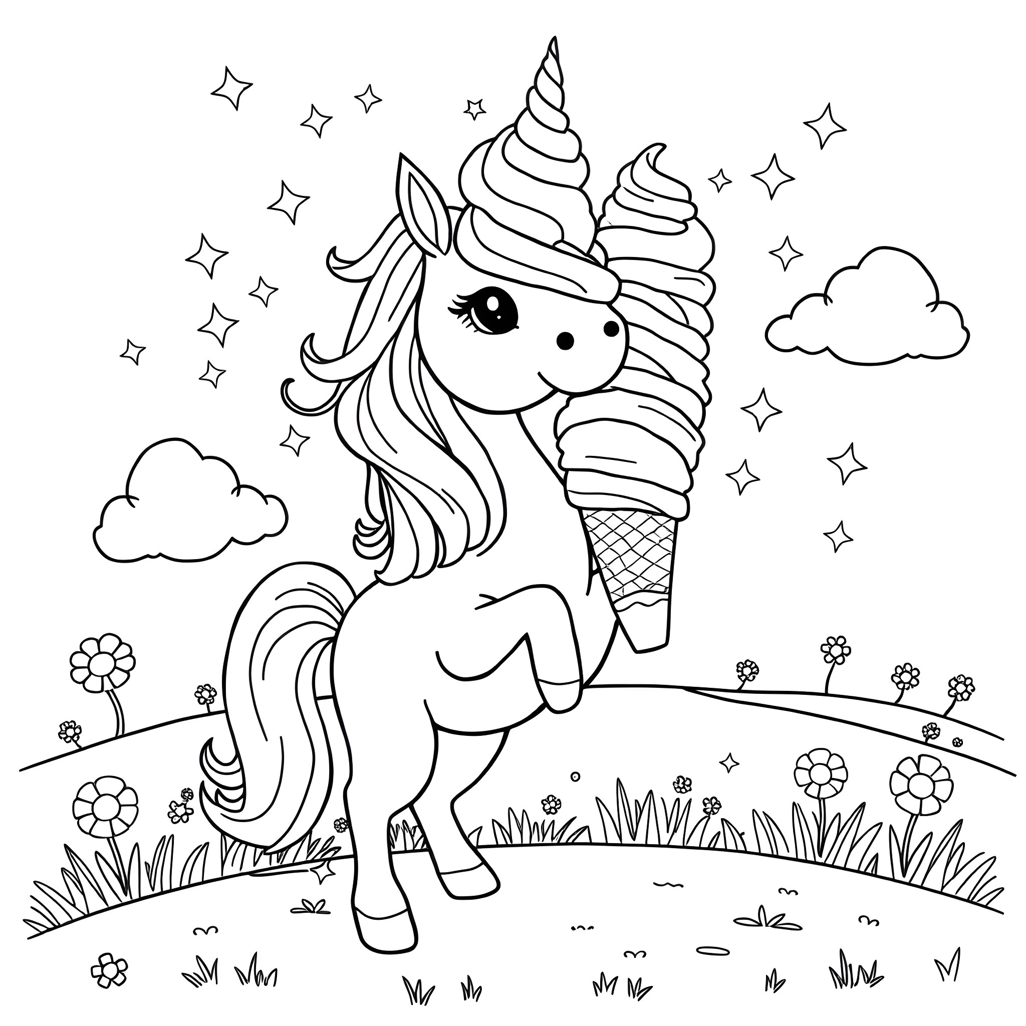 Unicorn enjoying a magical ice cream in a whimsical field Coloring Page (free black-and-white line drawing printable PDF for all, from beginners to advanced learners, including children, teens, adults, and seniors)