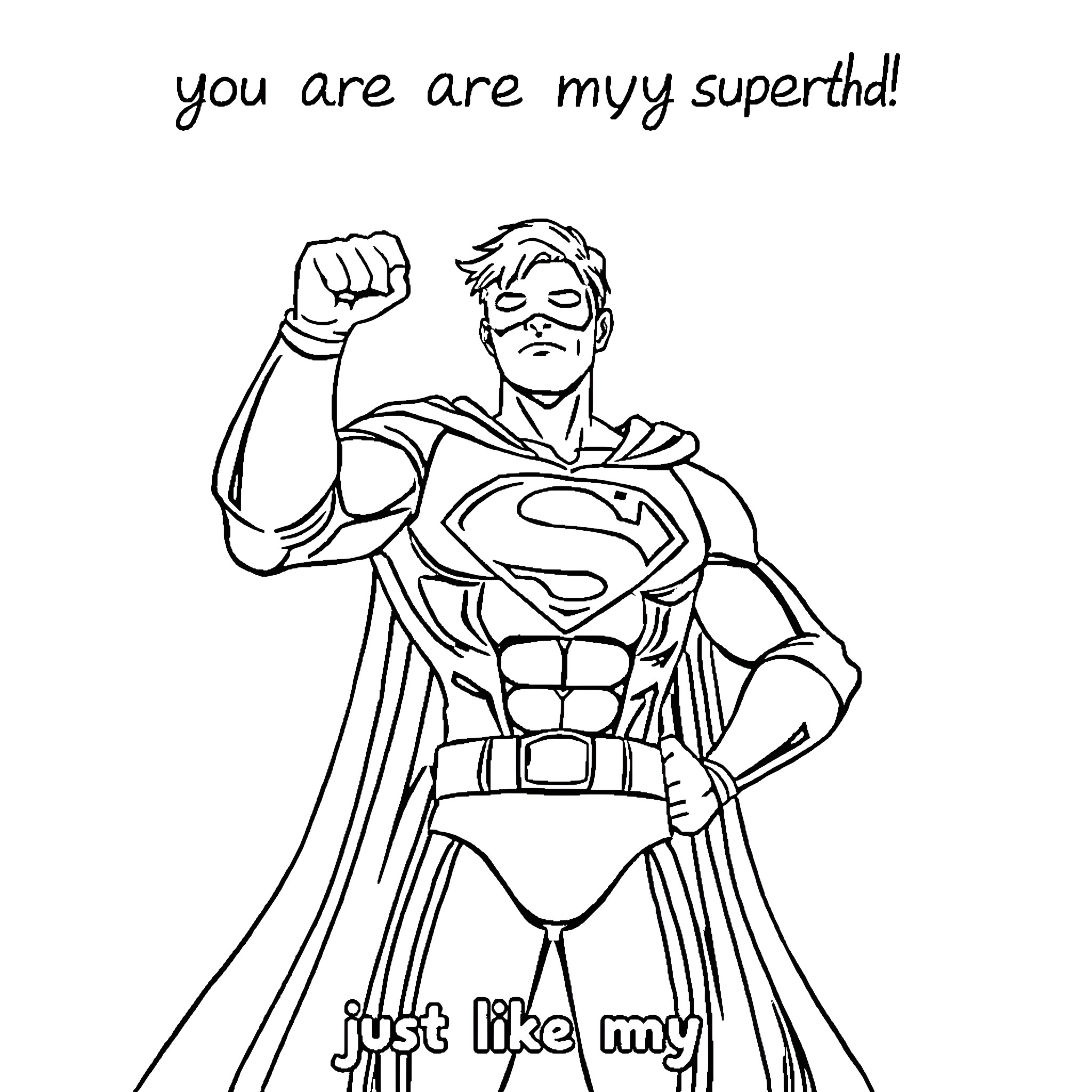 Dad as a Superhero Encourages Child Coloring Page (free black-and-white line drawing printable PDF for all, from beginners to advanced learners, including children, teens, adults, and seniors)