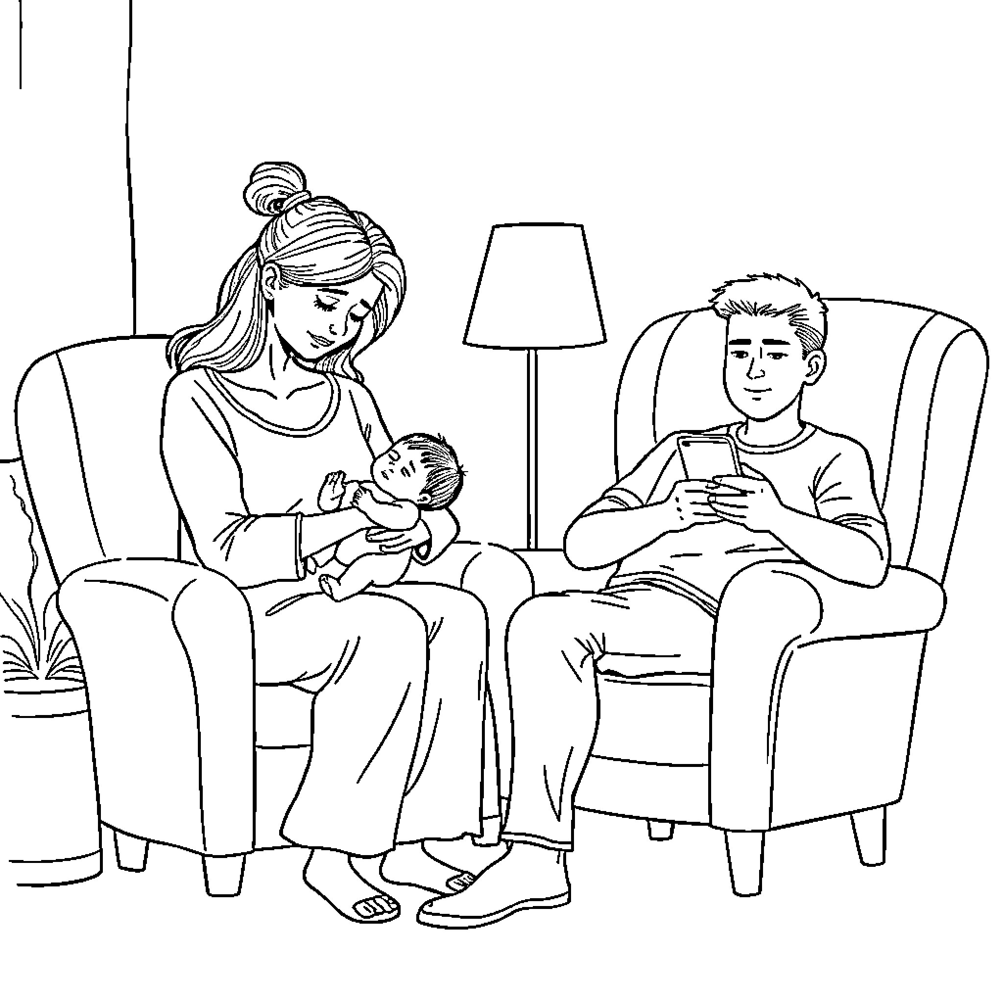 Parent Caring for Family in Cozy Home Coloring Page (free black-and-white line drawing printable PDF for all, from beginners to advanced learners, including children, teens, adults, and seniors)