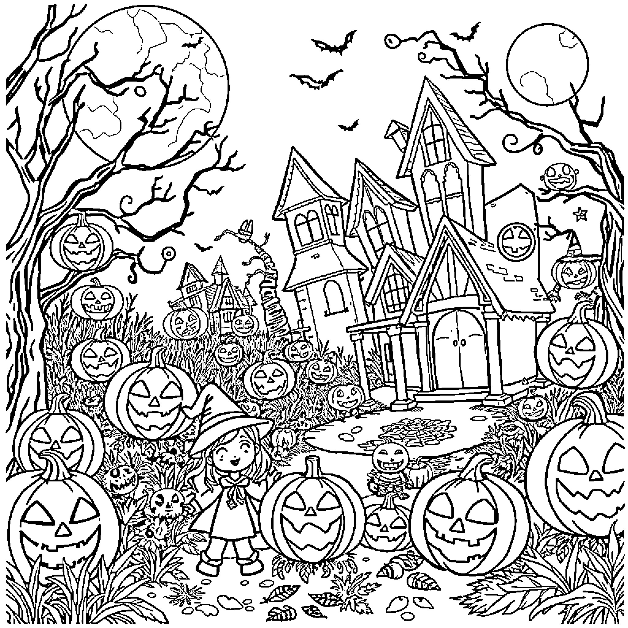 Halloween Spooky Scene with Haunted Houses and Pumpkins Coloring Page (free black-and-white line drawing printable PDF for all, from beginners to advanced learners, including children, teens, adults, and seniors)