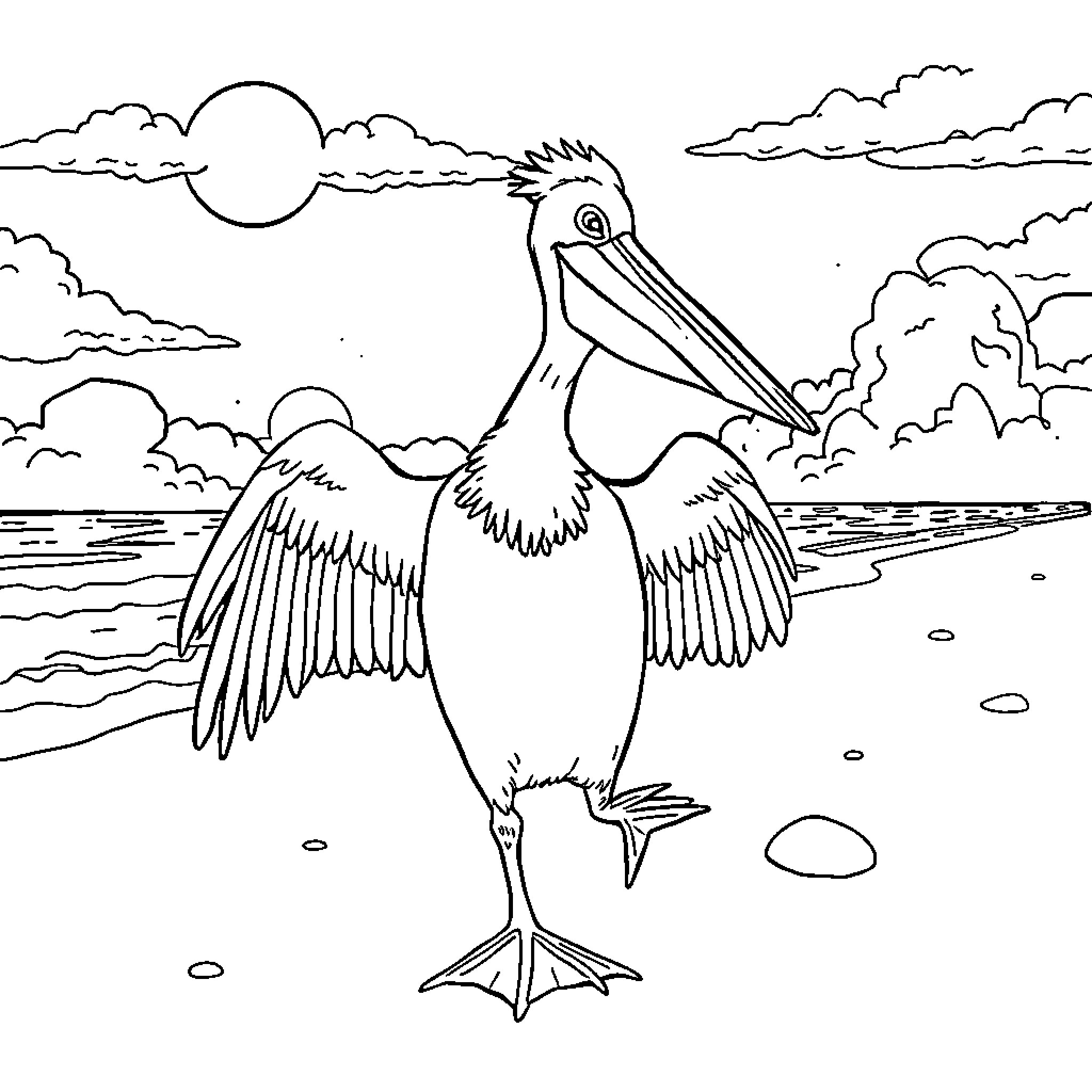 Pelican soaring gracefully over the coastal scene Coloring Page (free black-and-white line drawing printable PDF for all, from beginners to advanced learners, including children, teens, adults, and seniors)