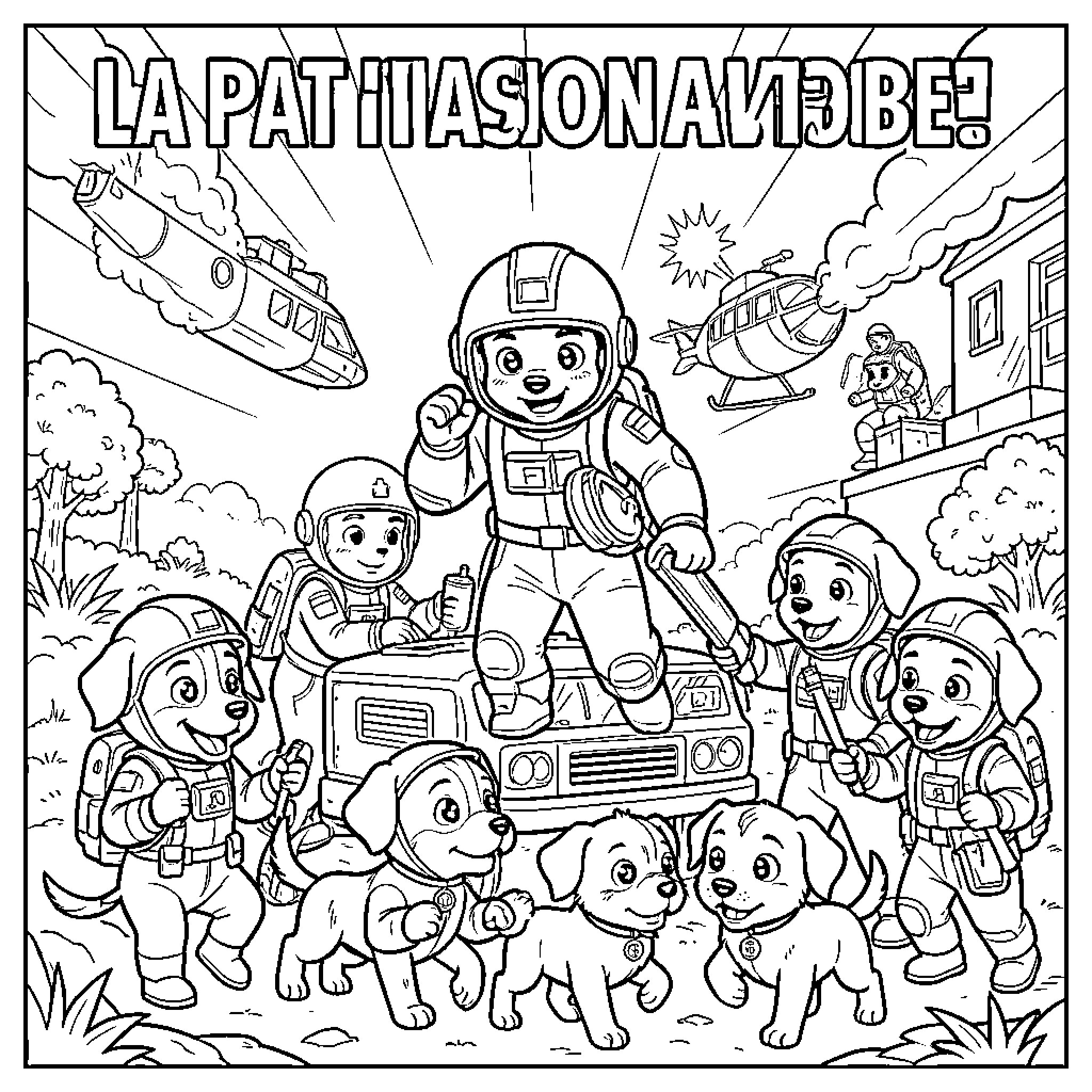 Paw Patrol pups in space suits on an adventure Coloring Page (free black-and-white line drawing printable PDF for all, from beginners to advanced learners, including children, teens, adults, and seniors)