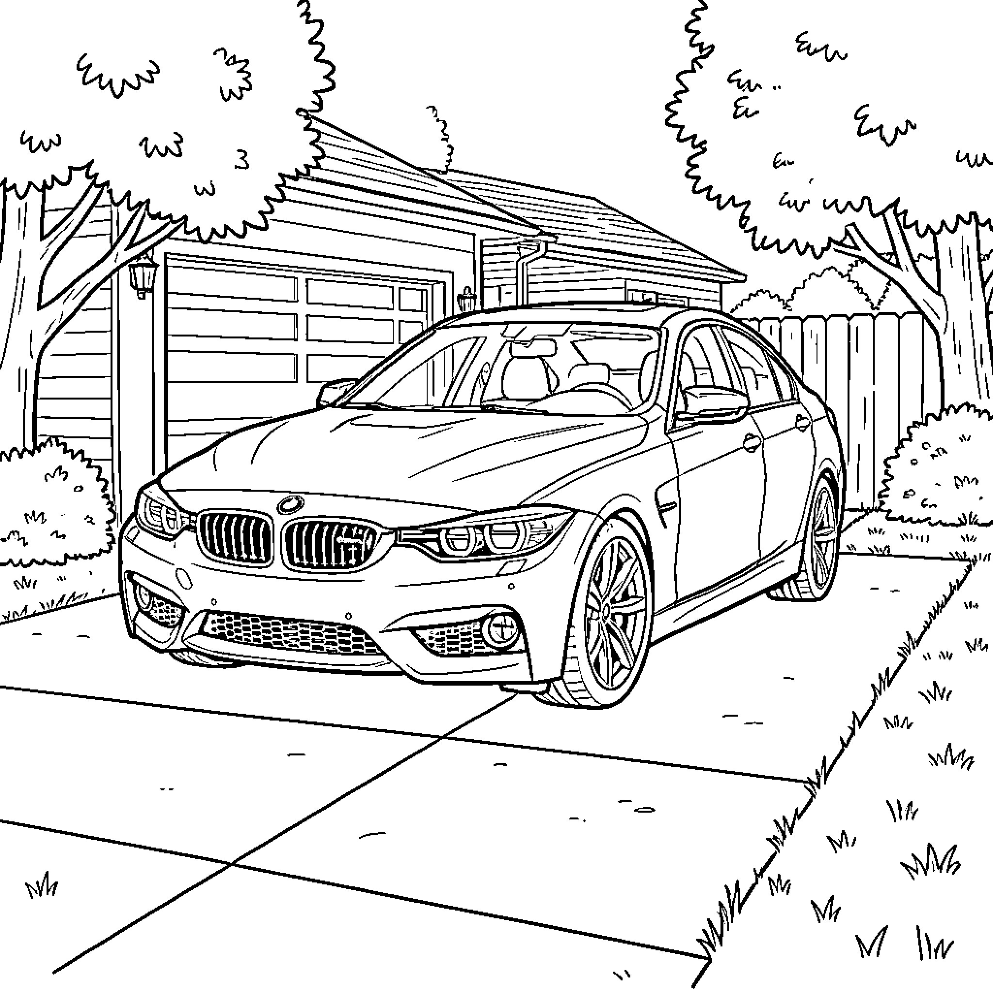BMW parked in a residential driveway near a house Coloring Page (free black-and-white line drawing printable PDF for all, from beginners to advanced learners, including children, teens, adults, and seniors)