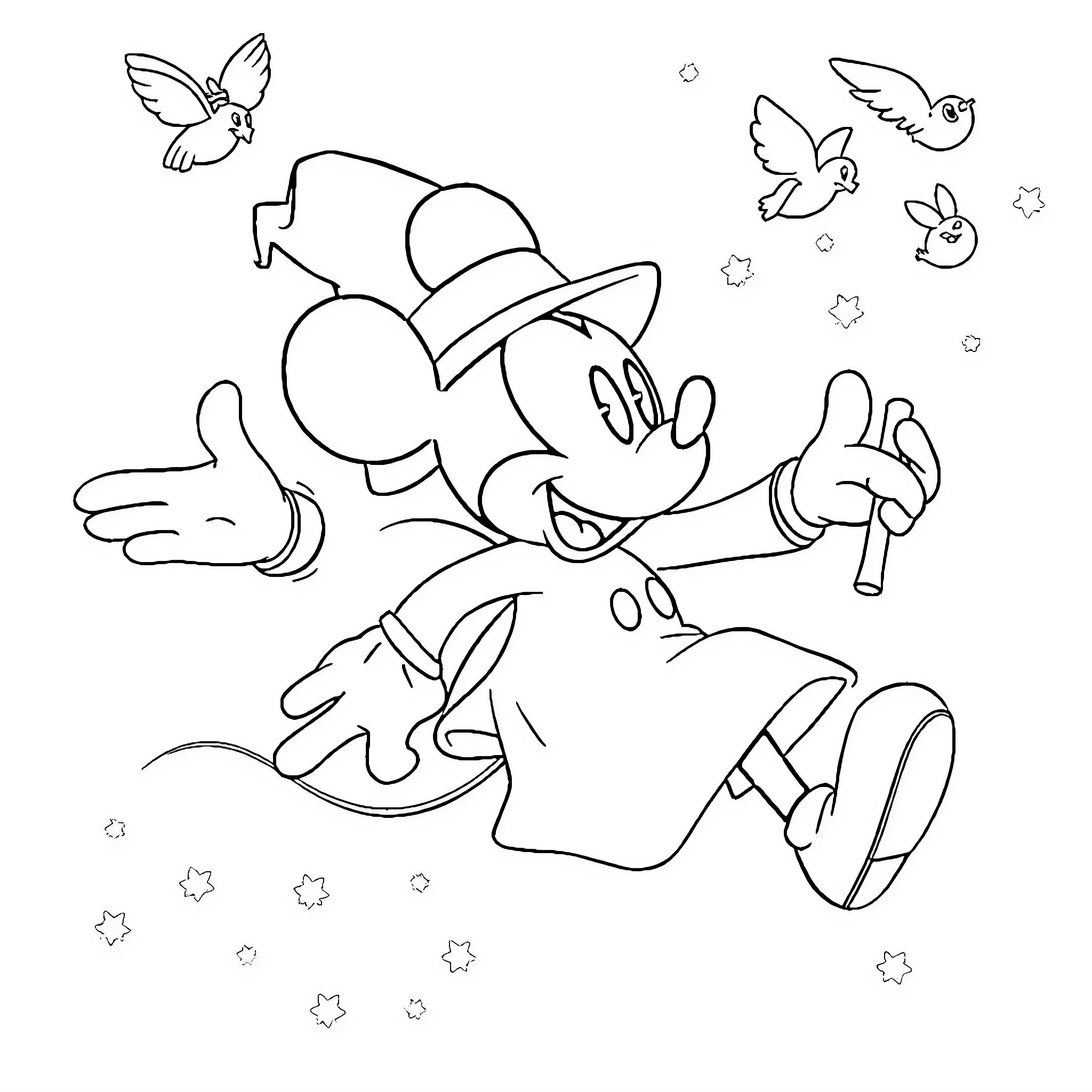 Mickey Mouse dancing with birds in the sky Coloring Page (free black-and-white line drawing printable PDF for all, from beginners to advanced learners, including children, teens, adults, and seniors)