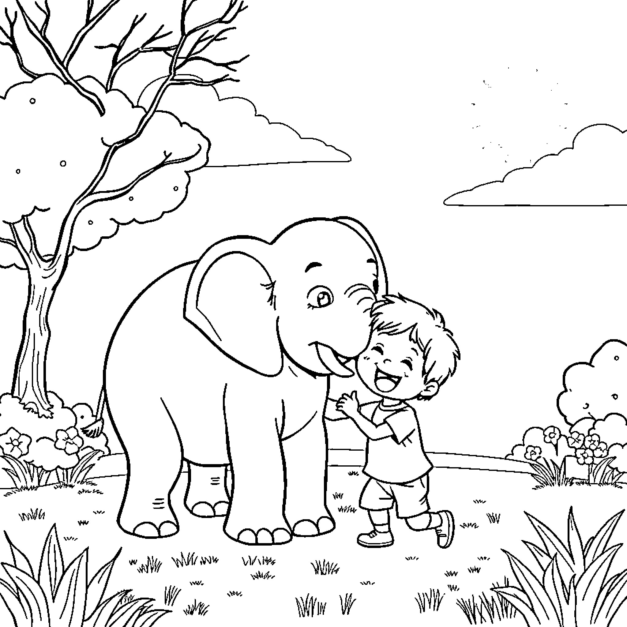 Elephant and child playing happily in nature Coloring Page (free black-and-white line drawing printable PDF for all, from beginners to advanced learners, including children, teens, adults, and seniors)