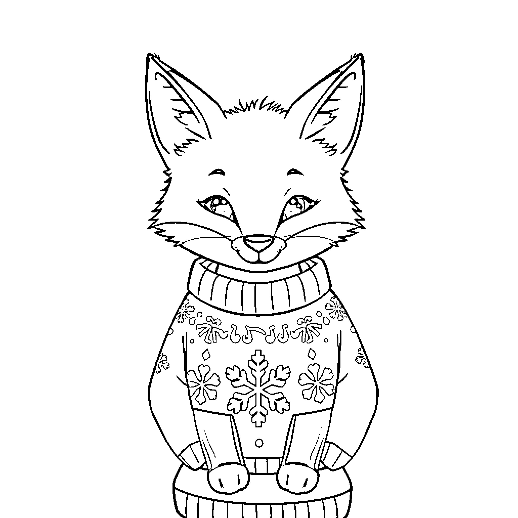 Fox smiling and wearing a patterned sweater Coloring Page (free black-and-white line drawing printable PDF for all, from beginners to advanced learners, including children, teens, adults, and seniors)