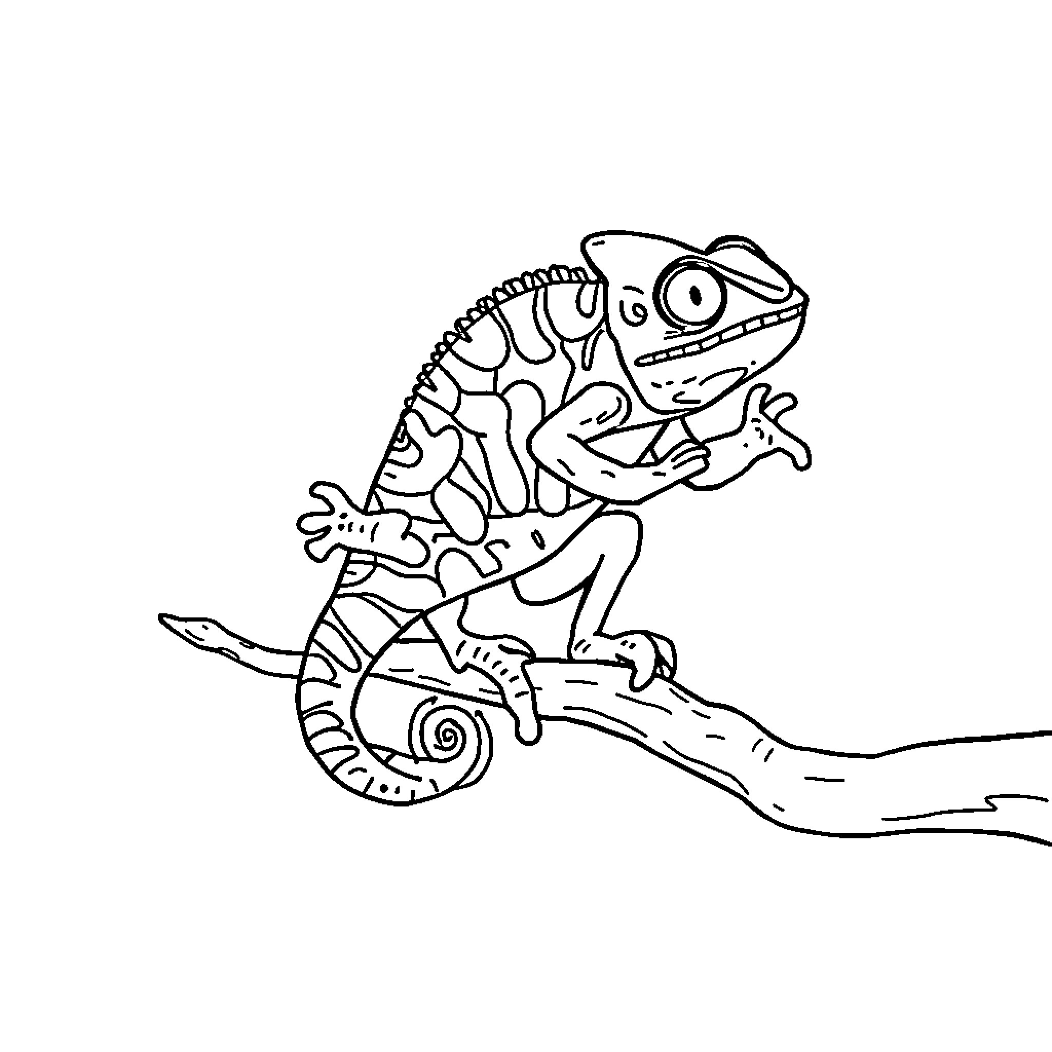 Chameleon exploring its surroundings with curiosity Coloring Page (free black-and-white line drawing printable PDF for all, from beginners to advanced learners, including children, teens, adults, and seniors)