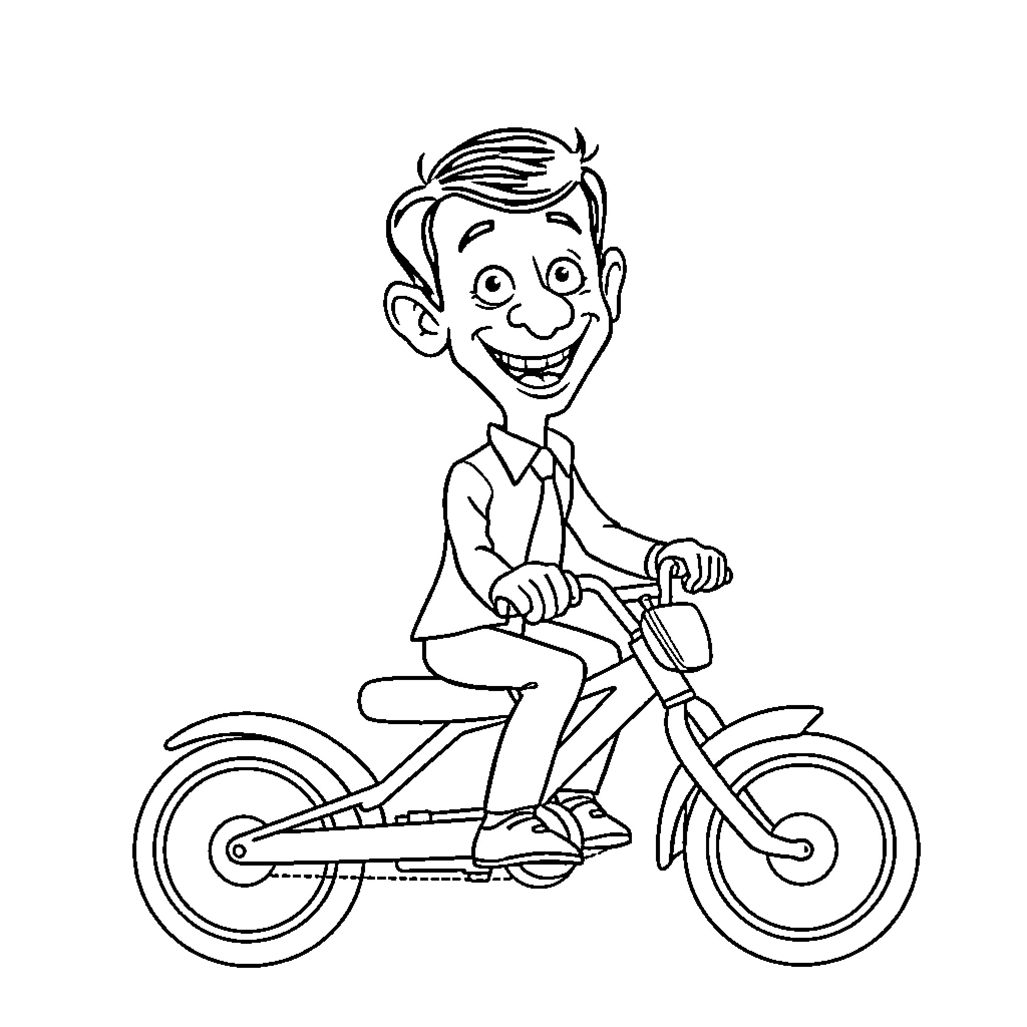 Mr Bean riding a bicycle with a big smile Coloring Page (free black-and-white line drawing printable PDF for all, from beginners to advanced learners, including children, teens, adults, and seniors)