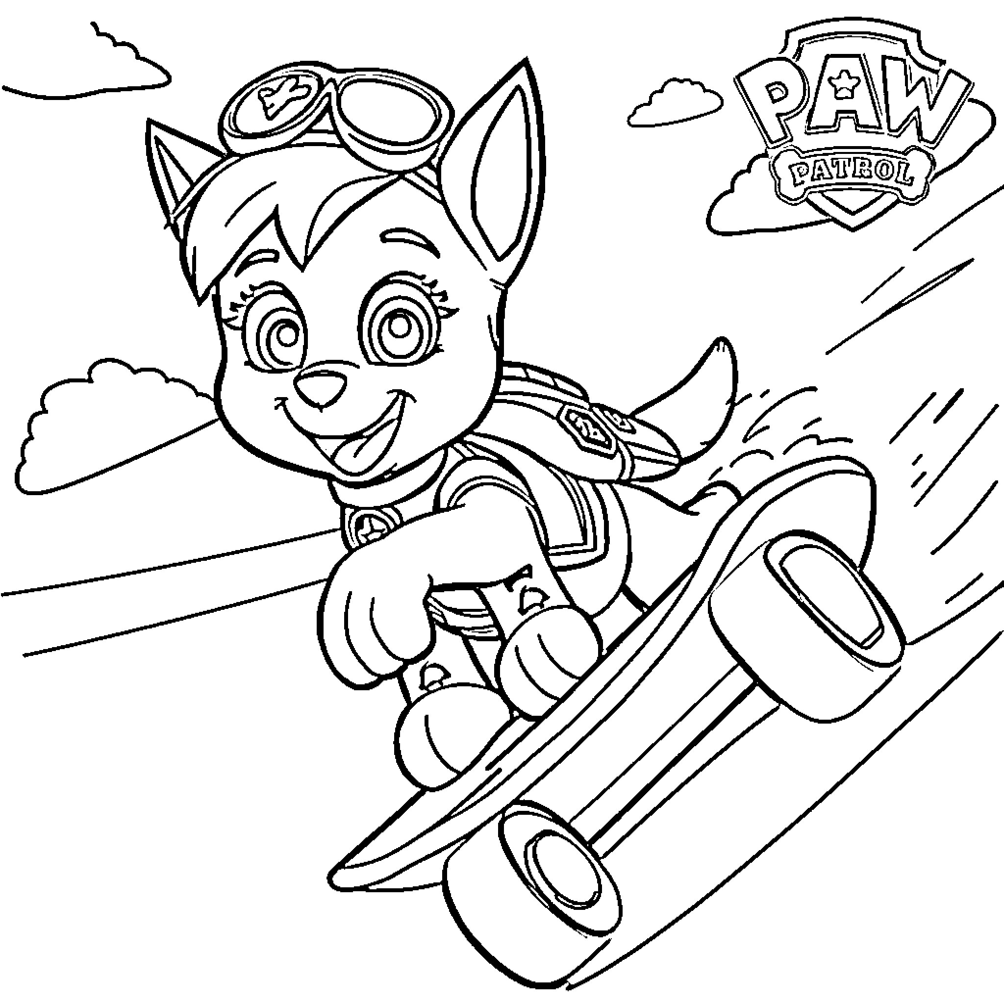 Skye the Paw Patrol pup on an adventure Coloring Page (free black-and-white line drawing printable PDF for all, from beginners to advanced learners, including children, teens, adults, and seniors)