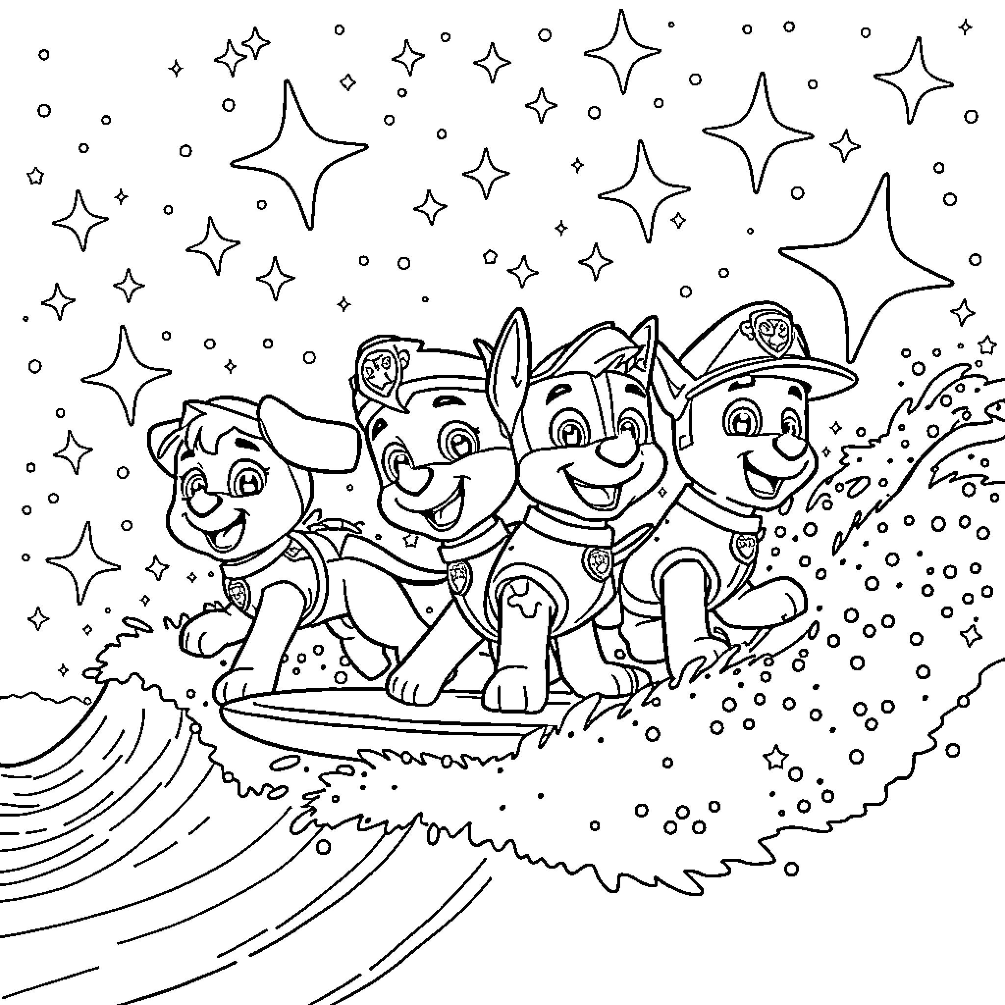 Paw Patrol Puppies Exploring Starry Night Coloring Page (free black-and-white line drawing printable PDF for all, from beginners to advanced learners, including children, teens, adults, and seniors)