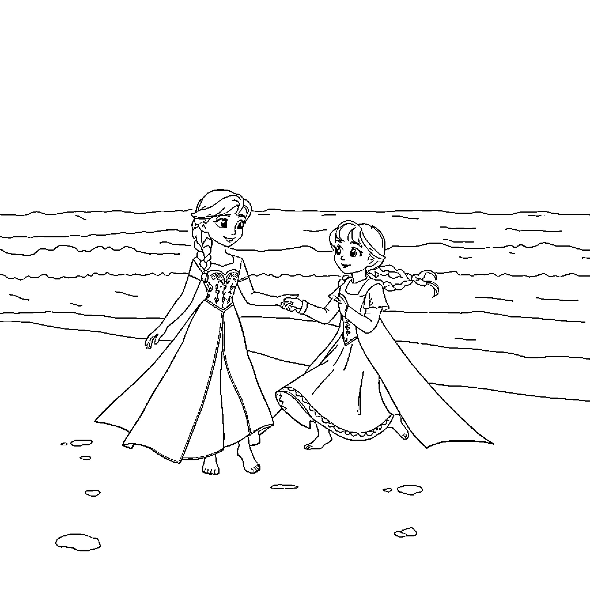 Elsa holding hands with Anna while walking on the beach Coloring Page (free black-and-white line drawing printable PDF for all, from beginners to advanced learners, including children, teens, adults, and seniors)