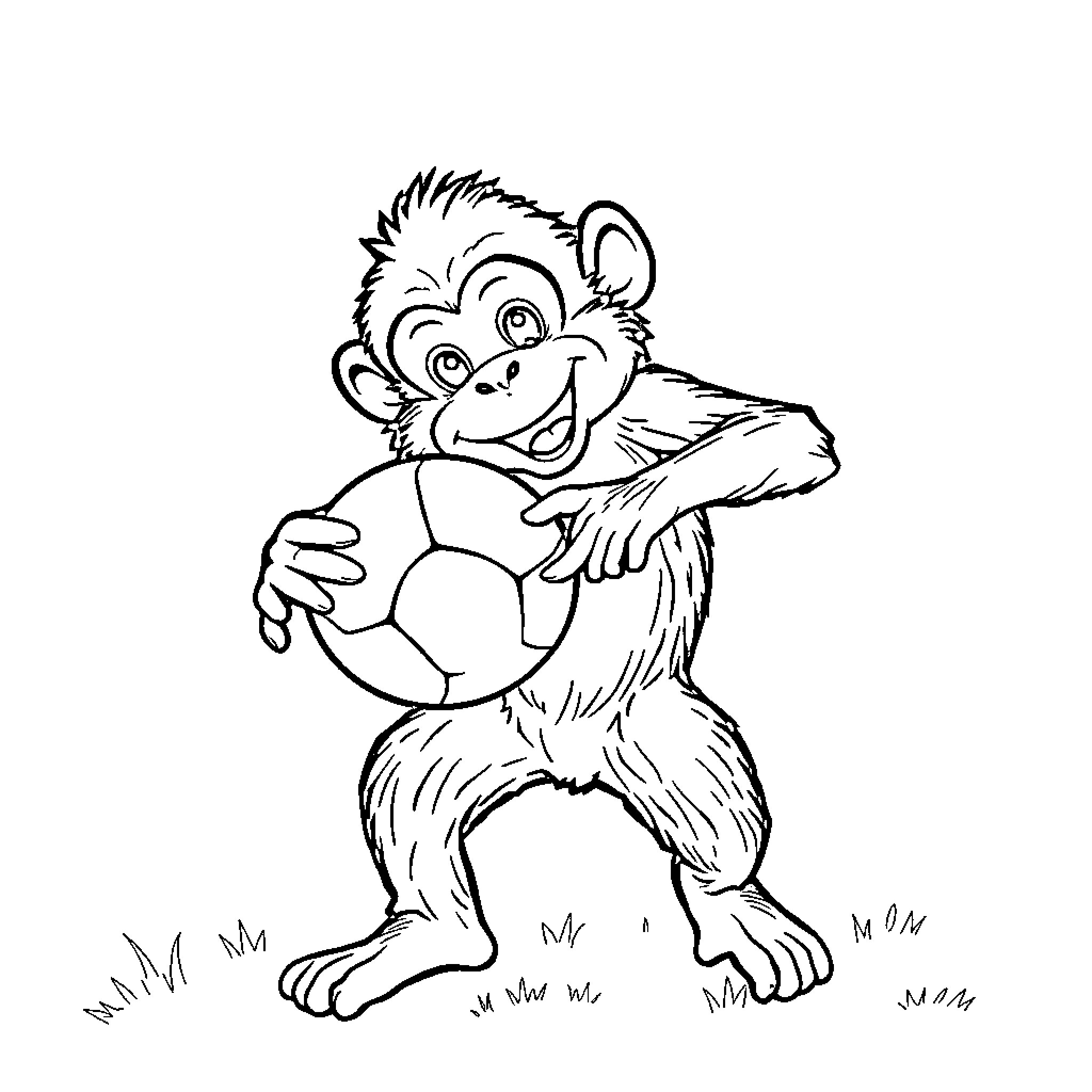 Monkey playing cheerfully with a ball Coloring Page (free black-and-white line drawing printable PDF for all, from beginners to advanced learners, including children, teens, adults, and seniors)