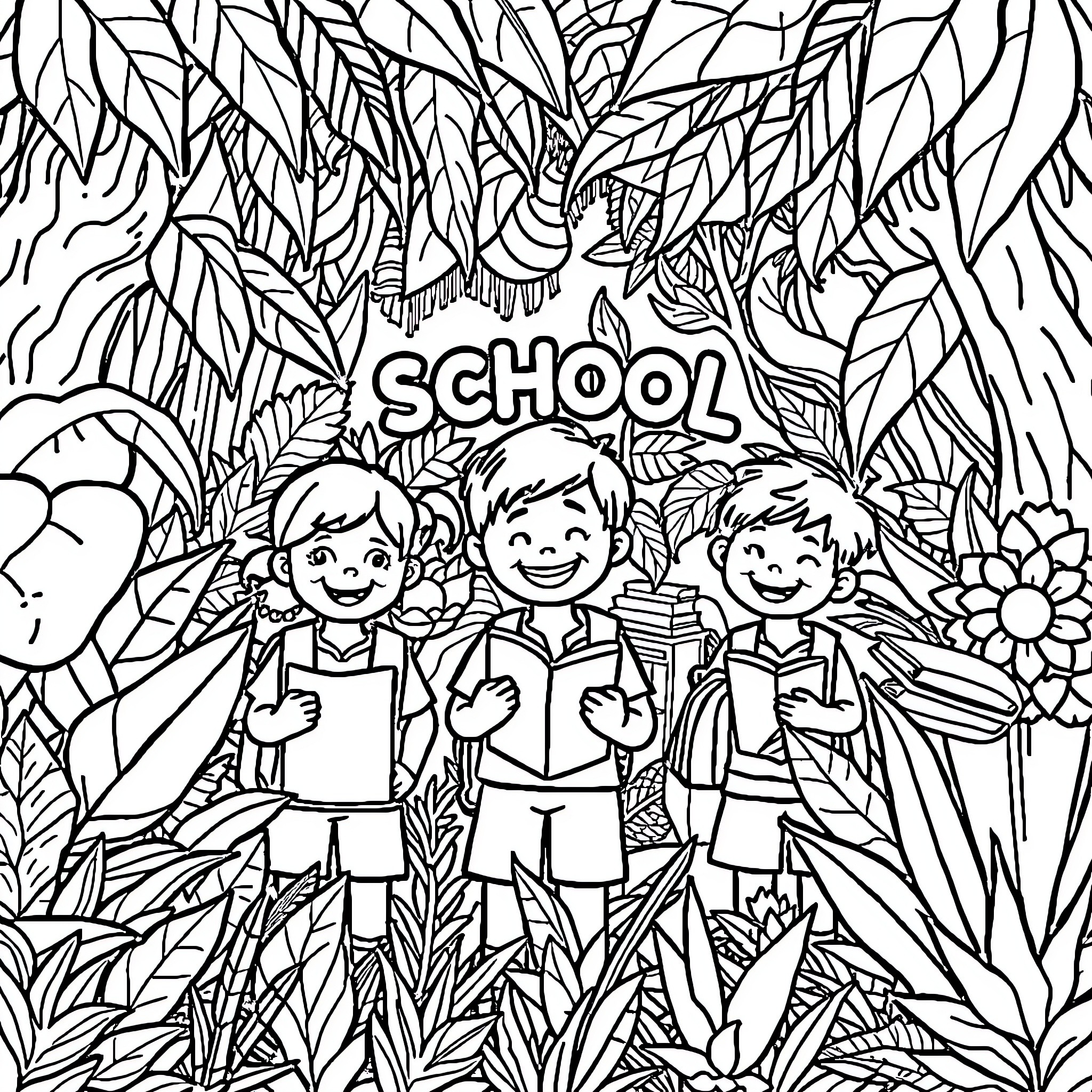 Jungle Adventure at School Coloring Page (free black-and-white line drawing printable PDF for all, from beginners to advanced learners, including children, teens, adults, and seniors)