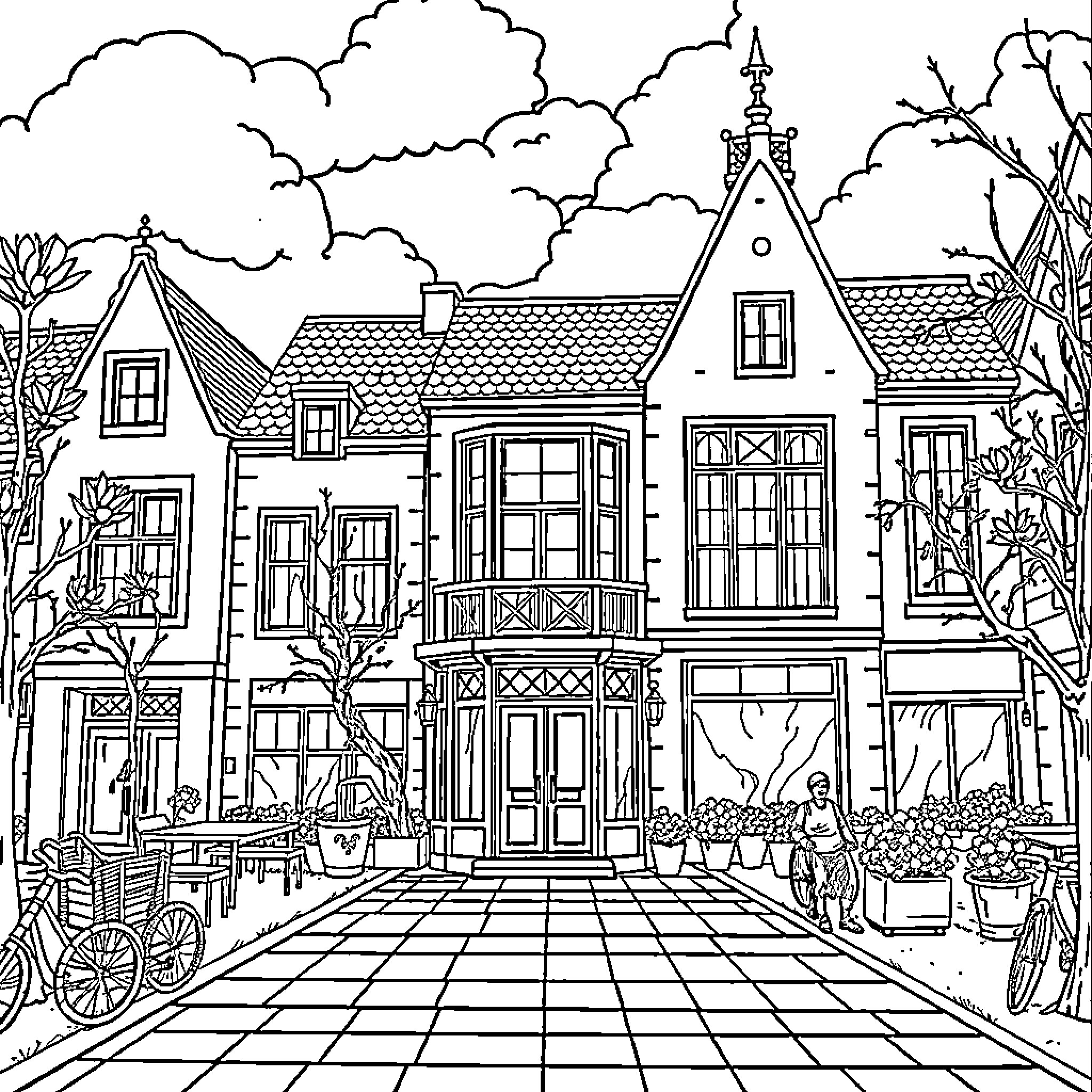 Dutch Building with Charming Architectural Details Coloring Page (free black-and-white line drawing printable PDF for all, from beginners to advanced learners, including children, teens, adults, and seniors)