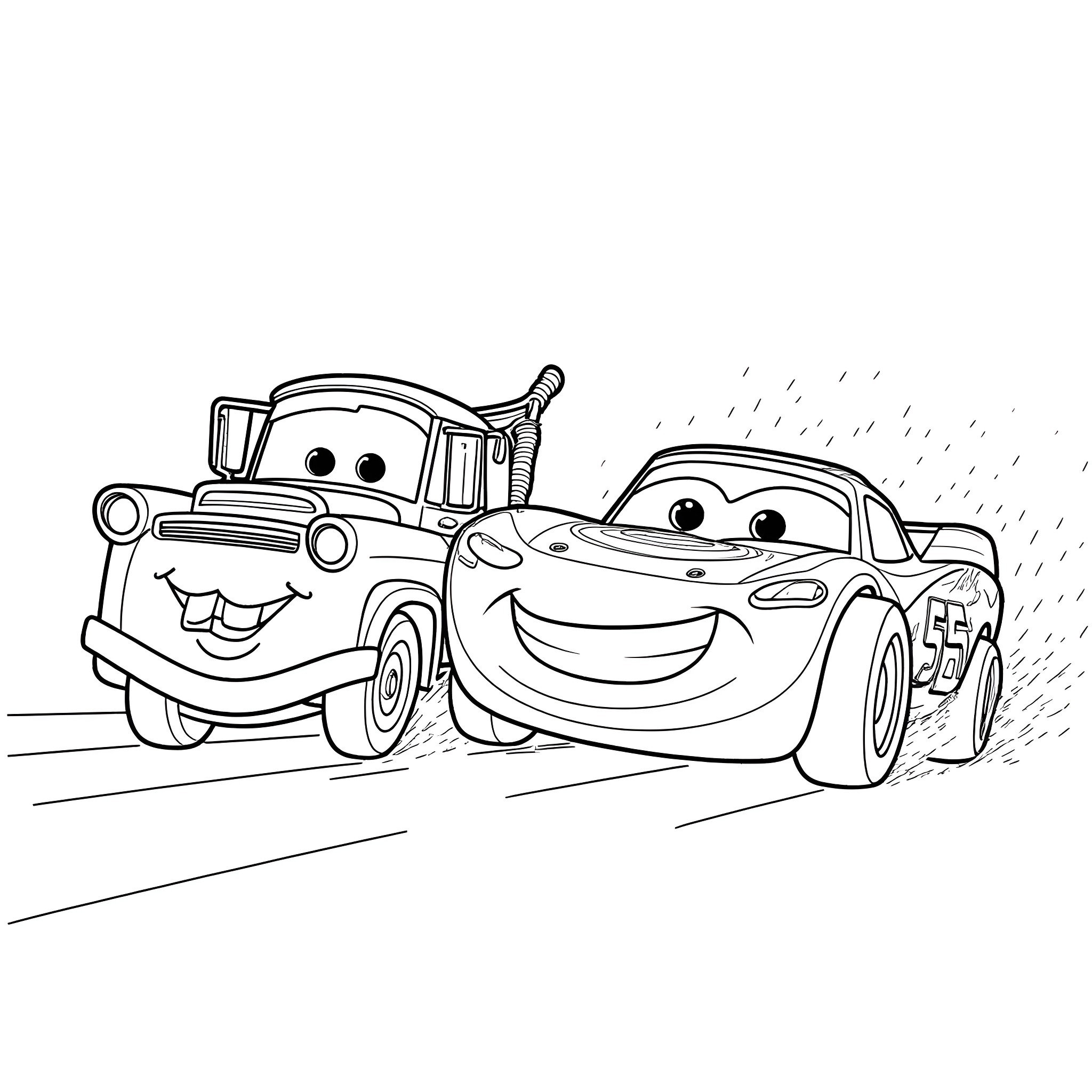 Lightning McQueen and Mater in a race Coloring Page (free black-and-white line drawing printable PDF for all, from beginners to advanced learners, including children, teens, adults, and seniors)