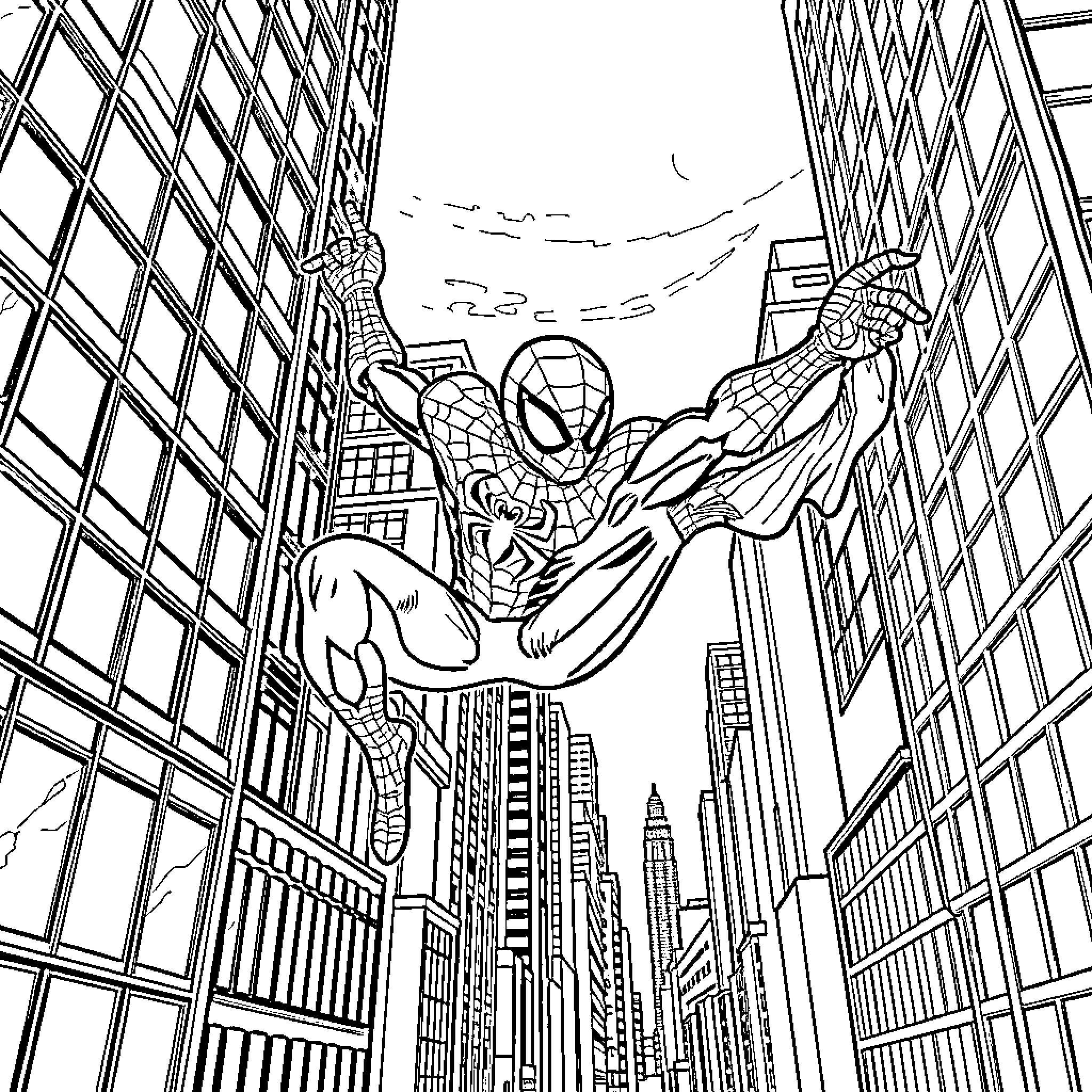 Spiderman swinging through the city skyline Coloring Page (free black-and-white line drawing printable PDF for all, from beginners to advanced learners, including children, teens, adults, and seniors)
