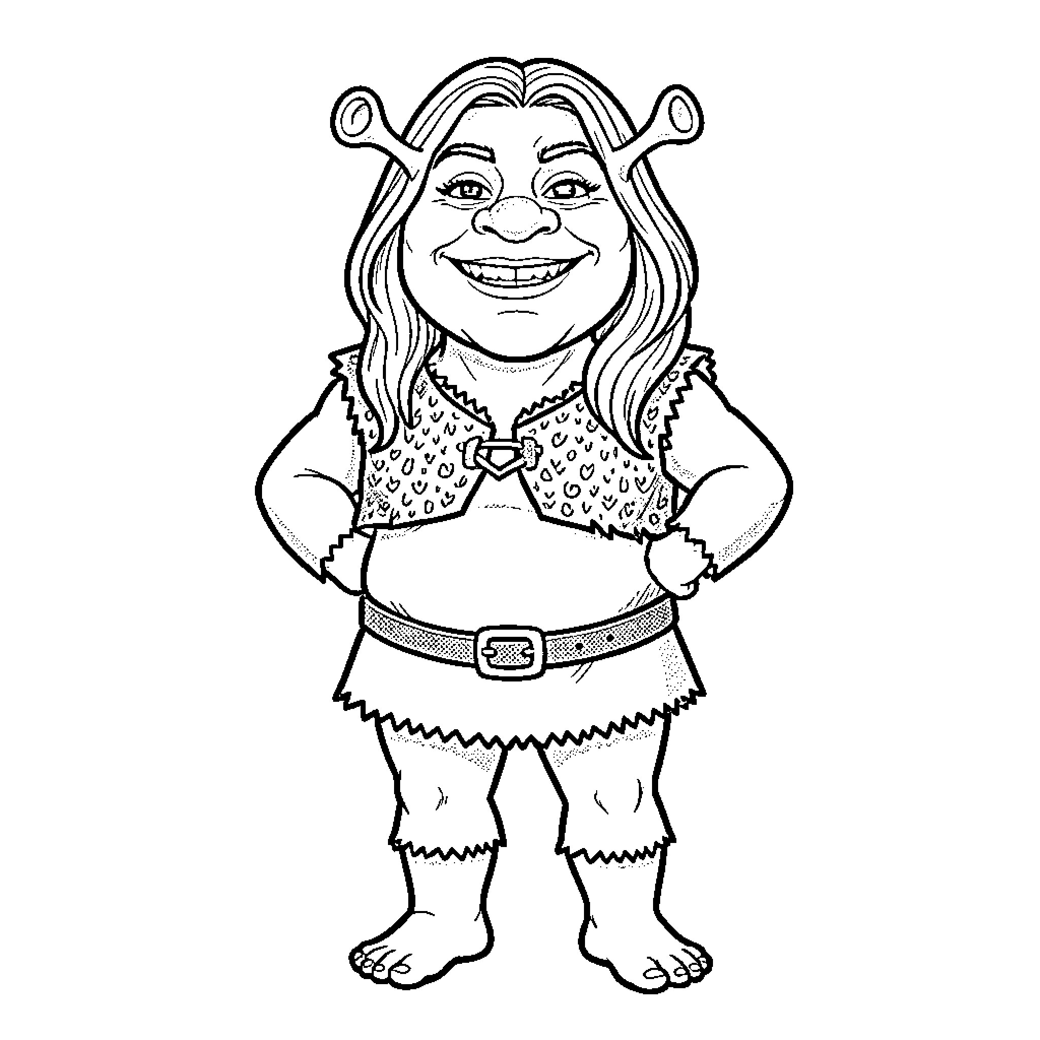 Shrek character in playful expression and outfit Coloring Page (free black-and-white line drawing printable PDF for all, from beginners to advanced learners, including children, teens, adults, and seniors)