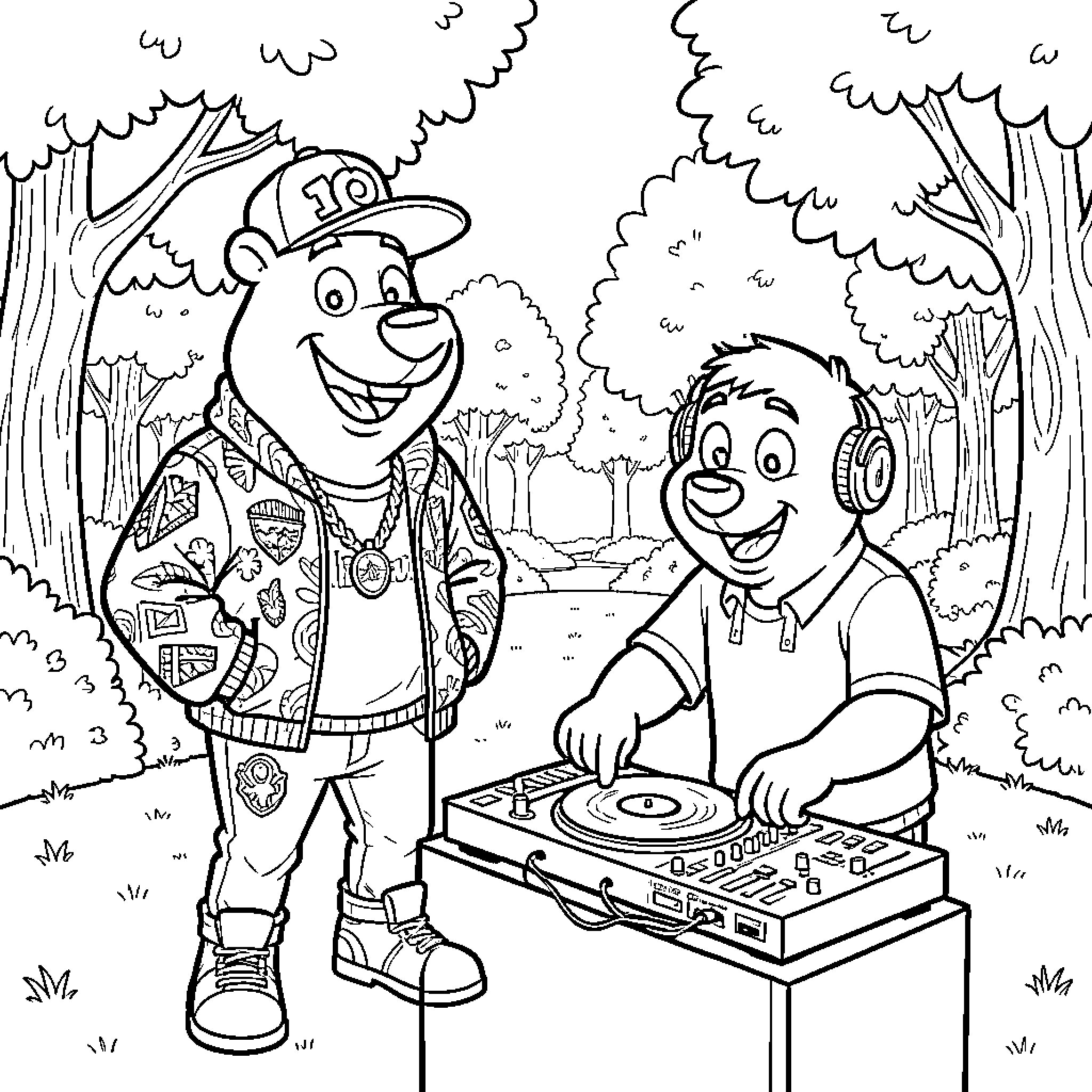 Yogi Bear and Boo Boo enjoying music in the forest Coloring Page (free black-and-white line drawing printable PDF for all, from beginners to advanced learners, including children, teens, adults, and seniors)