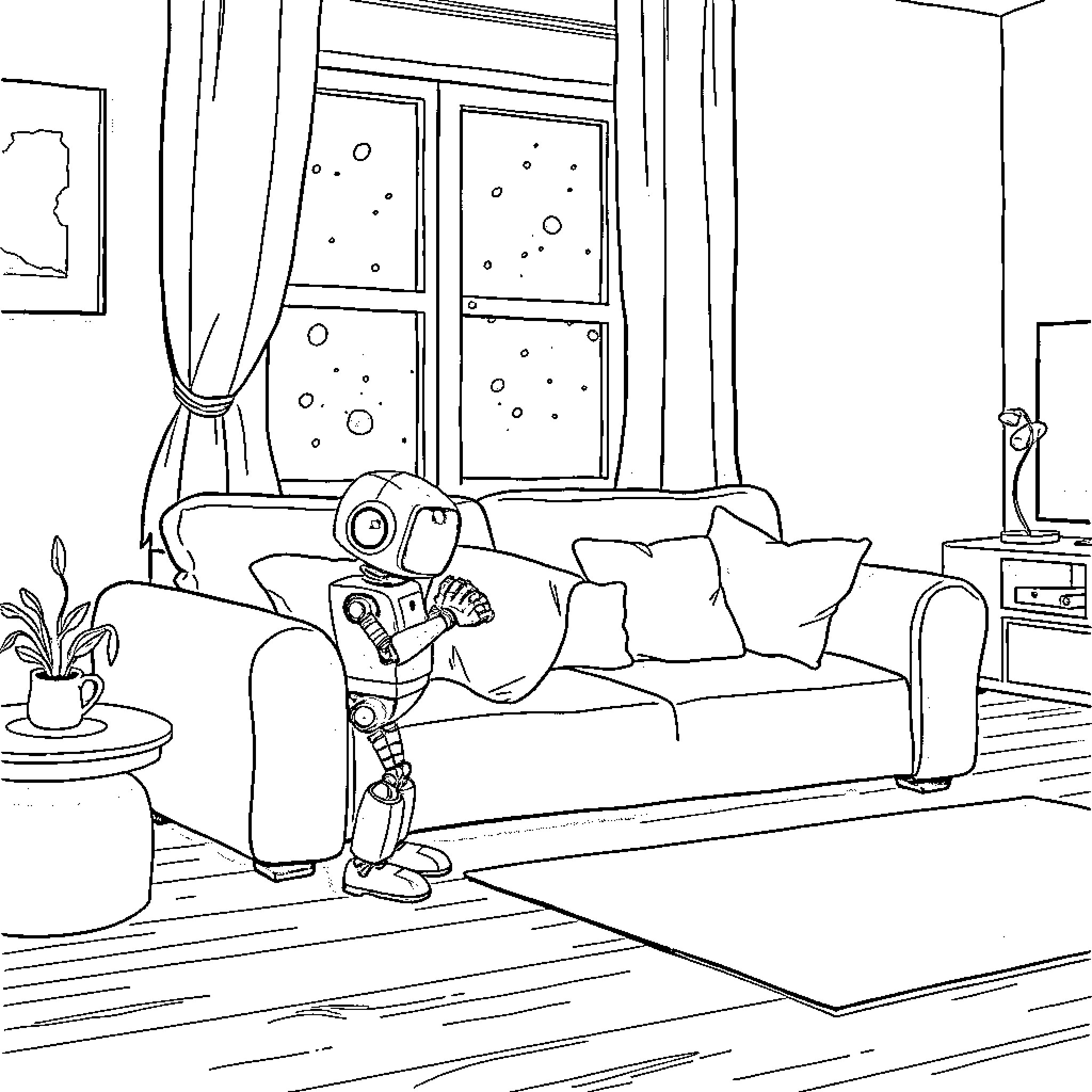 Robot relaxing on the couch in a cozy living room Coloring Page (free black-and-white line drawing printable PDF for all, from beginners to advanced learners, including children, teens, adults, and seniors)