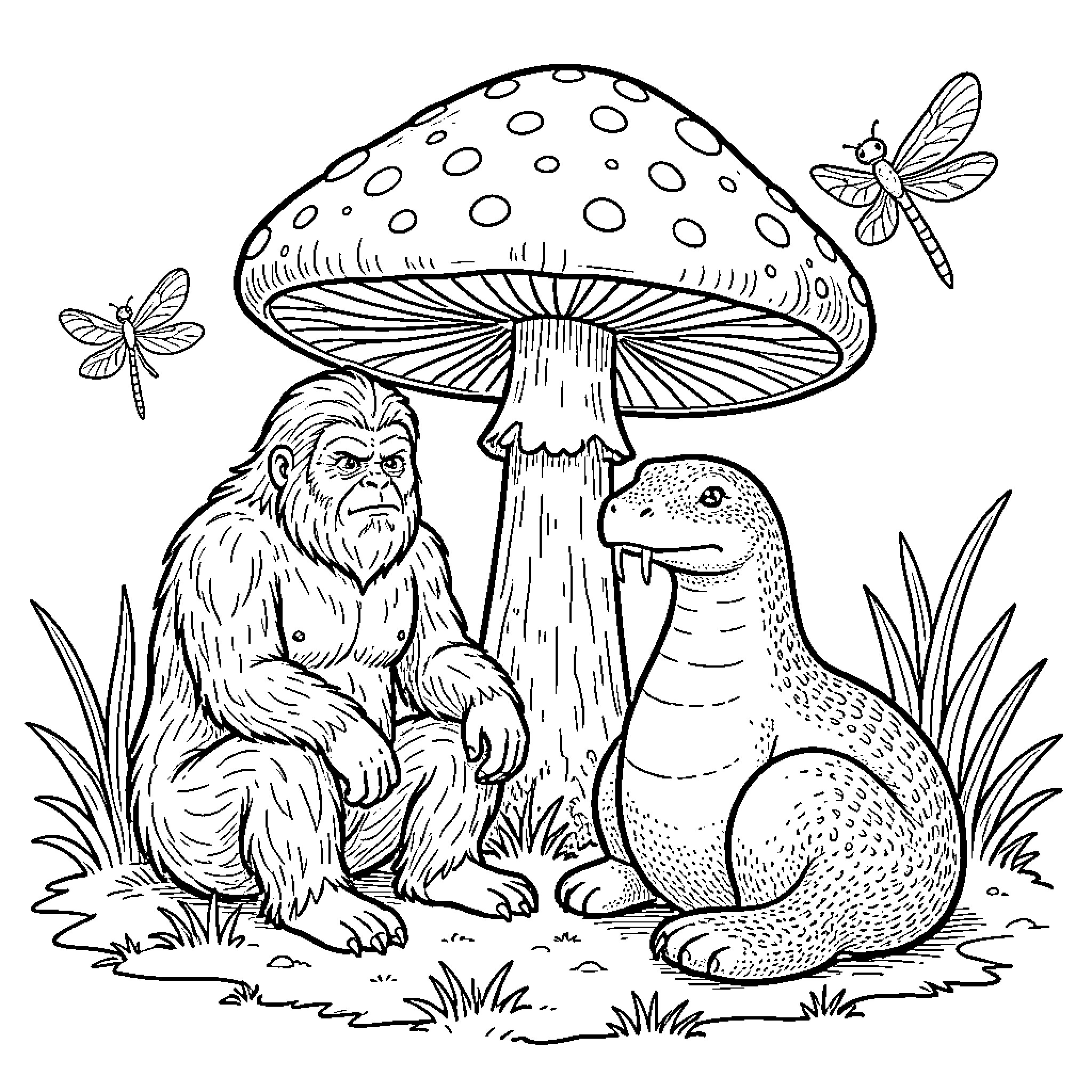 Bigfoot sitting calmly with a seal and dragonflies Coloring Page (free black-and-white line drawing printable PDF for all, from beginners to advanced learners, including children, teens, adults, and seniors)