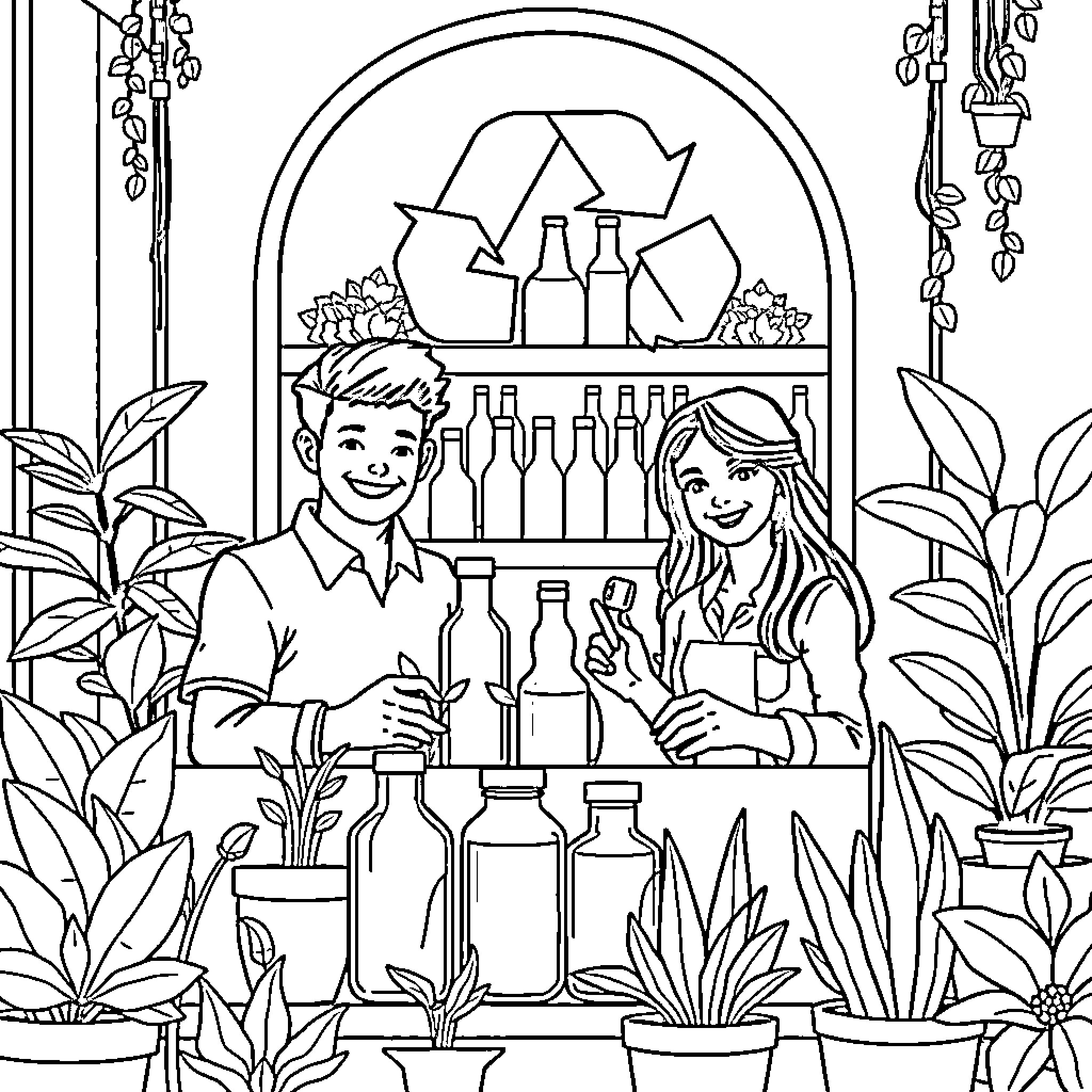 Pixel Art of Couple Recycling at Home Coloring Page (free black-and-white line drawing printable PDF for all, from beginners to advanced learners, including children, teens, adults, and seniors)