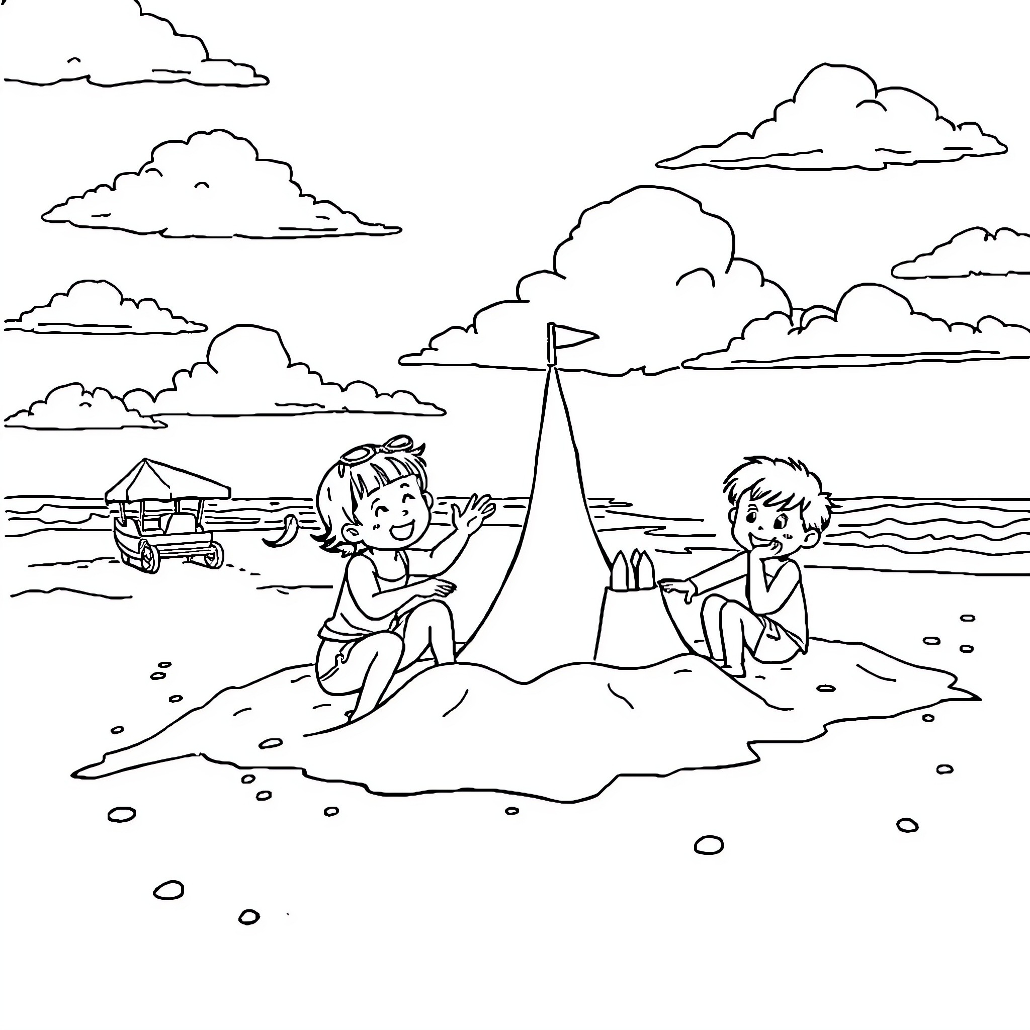 Child Enjoying Seaside Fun with Friends Coloring Page (free black-and-white line drawing printable PDF for all, from beginners to advanced learners, including children, teens, adults, and seniors)