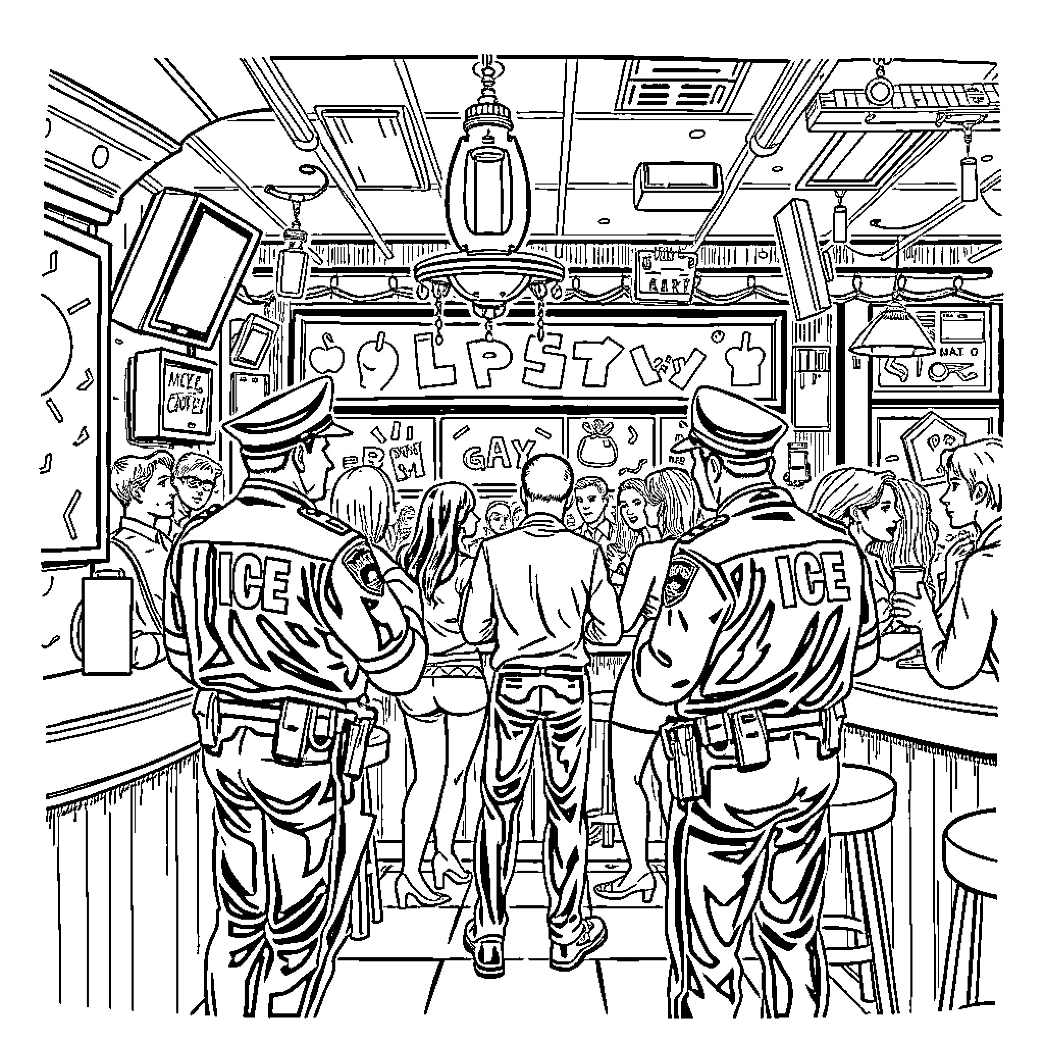 Ice Agent Monitoring Crowded Street Scene Coloring Page (free black-and-white line drawing printable PDF for all, from beginners to advanced learners, including children, teens, adults, and seniors)