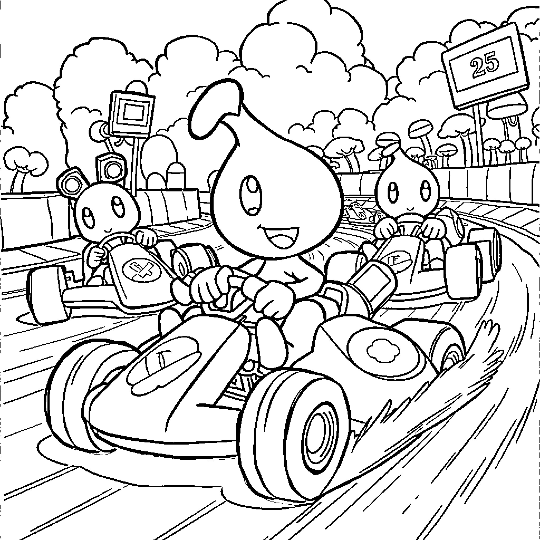 Pikmin racing go-karts on a colorful track Coloring Page (free black-and-white line drawing printable PDF for all, from beginners to advanced learners, including children, teens, adults, and seniors)