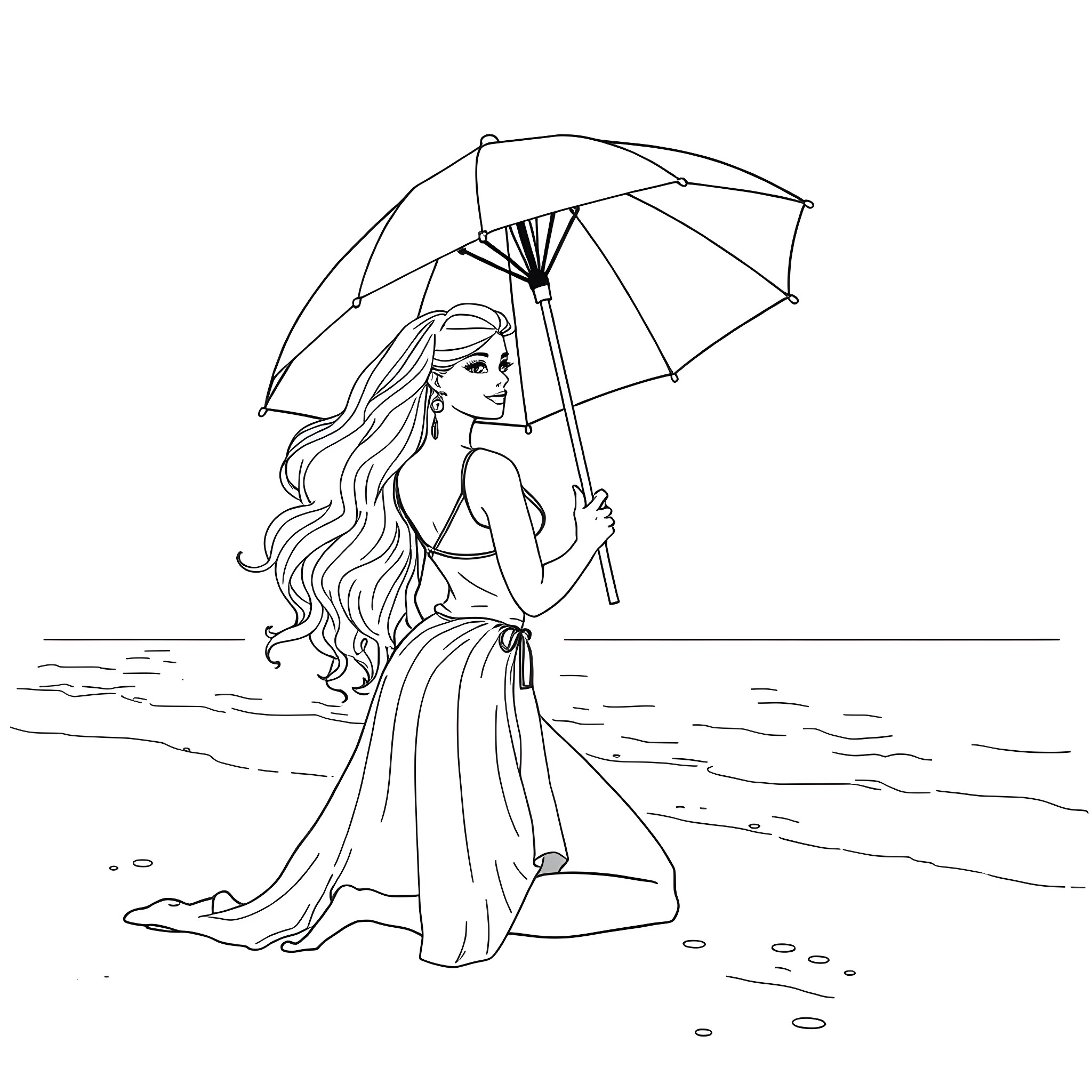 Kobieta spacerująca z parasolem nad morzem Coloring Page (free black-and-white line drawing printable PDF for all, from beginners to advanced learners, including children, teens, adults, and seniors)