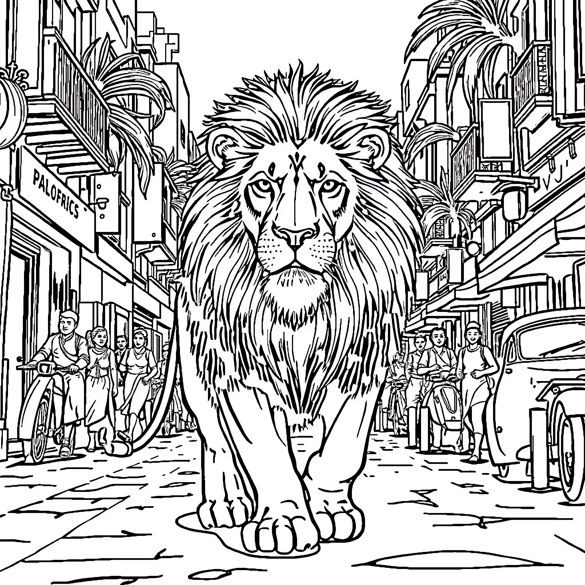 Lion guarding the bustling city street Coloring Page (free black-and-white line drawing printable PDF for all, from beginners to advanced learners, including children, teens, adults, and seniors)